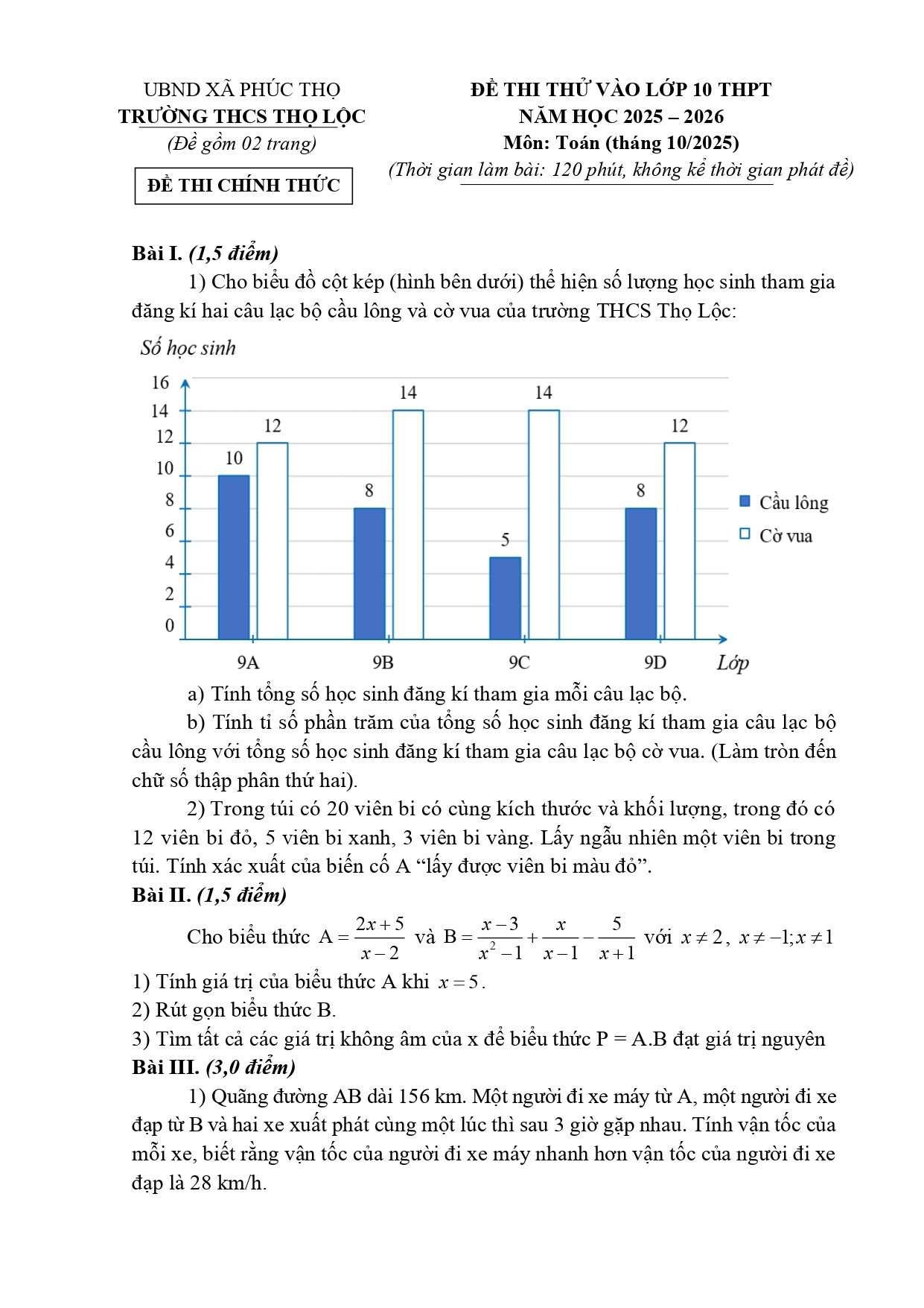 Đề thi thử Toán vào lớp 10 năm 2026-2027 trường THCS Thọ Lộc (Hà Nội)