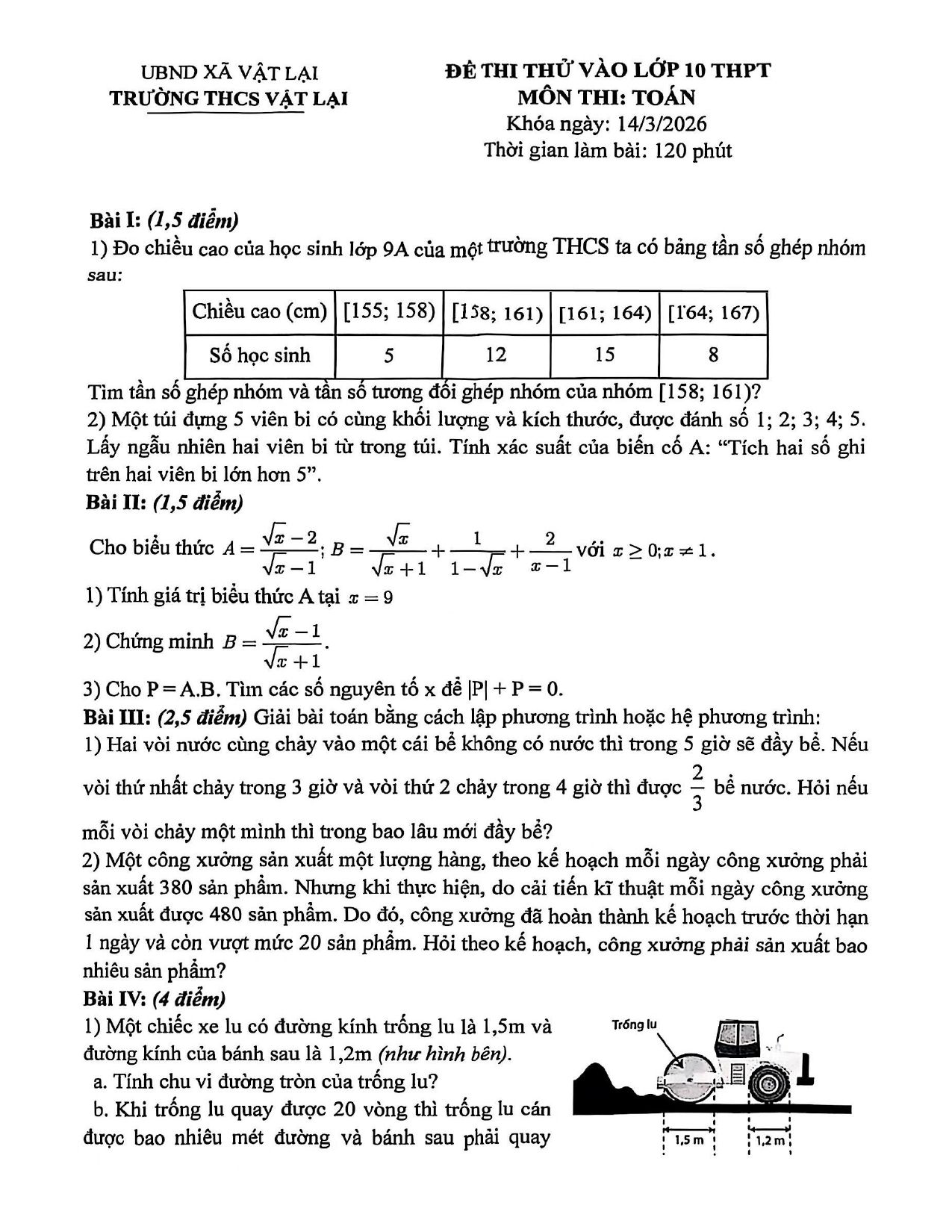Đề thi thử Toán vào lớp 10 năm 2026-2027 trường THCS Vật Lại (Hà Nội)