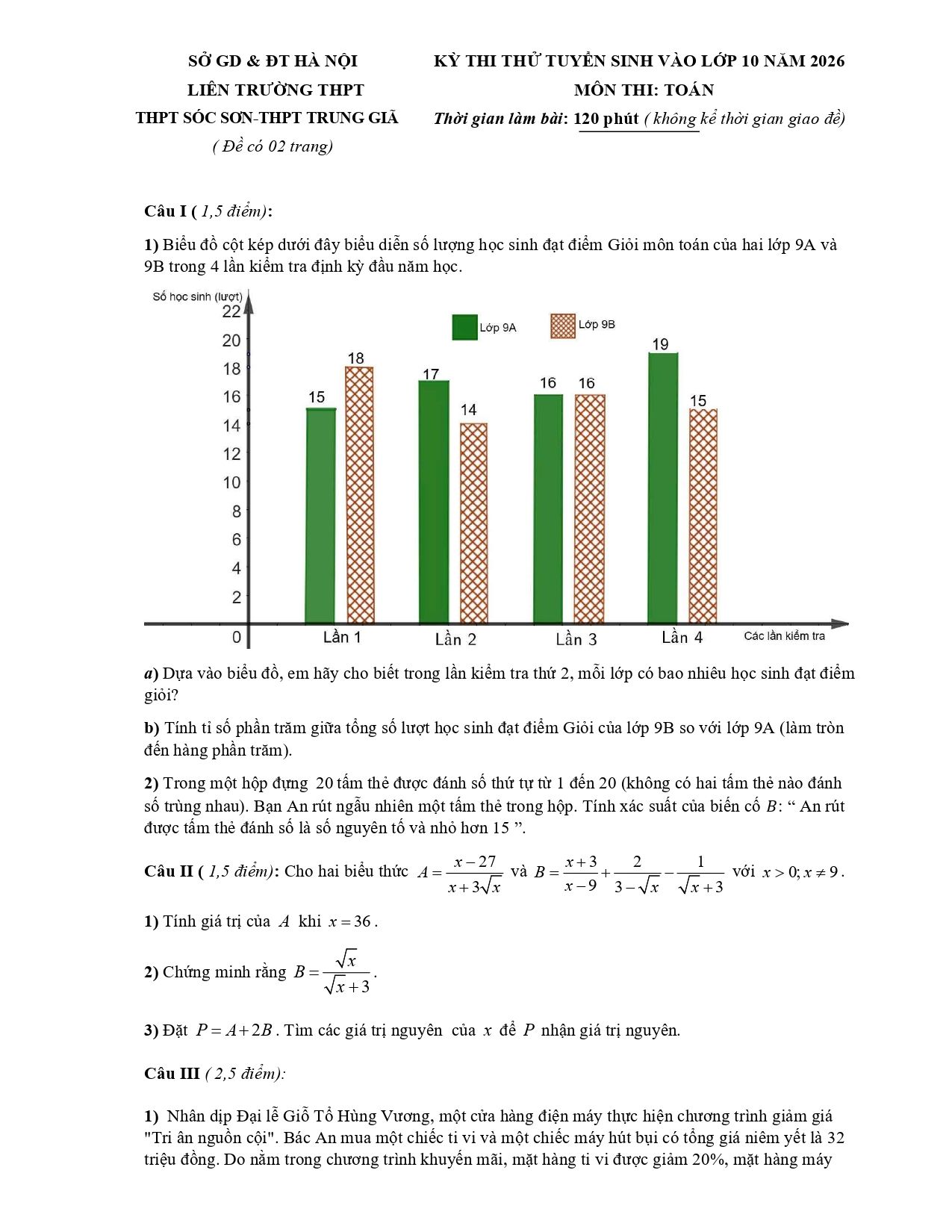 Đề thi thử Toán vào lớp 10 năm 2026-2027 trường THPT Sóc Sơn & Trung Giã (Hà Nội)