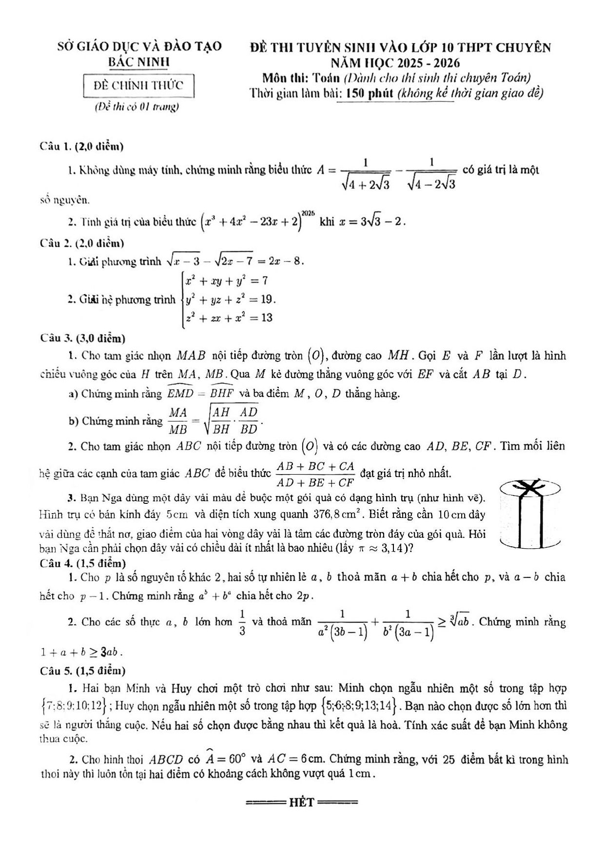 Đề thi tuyển sinh Toán vào lớp 10 (chuyên) năm 2025-2026 sở GD&ĐT Bắc Ninh