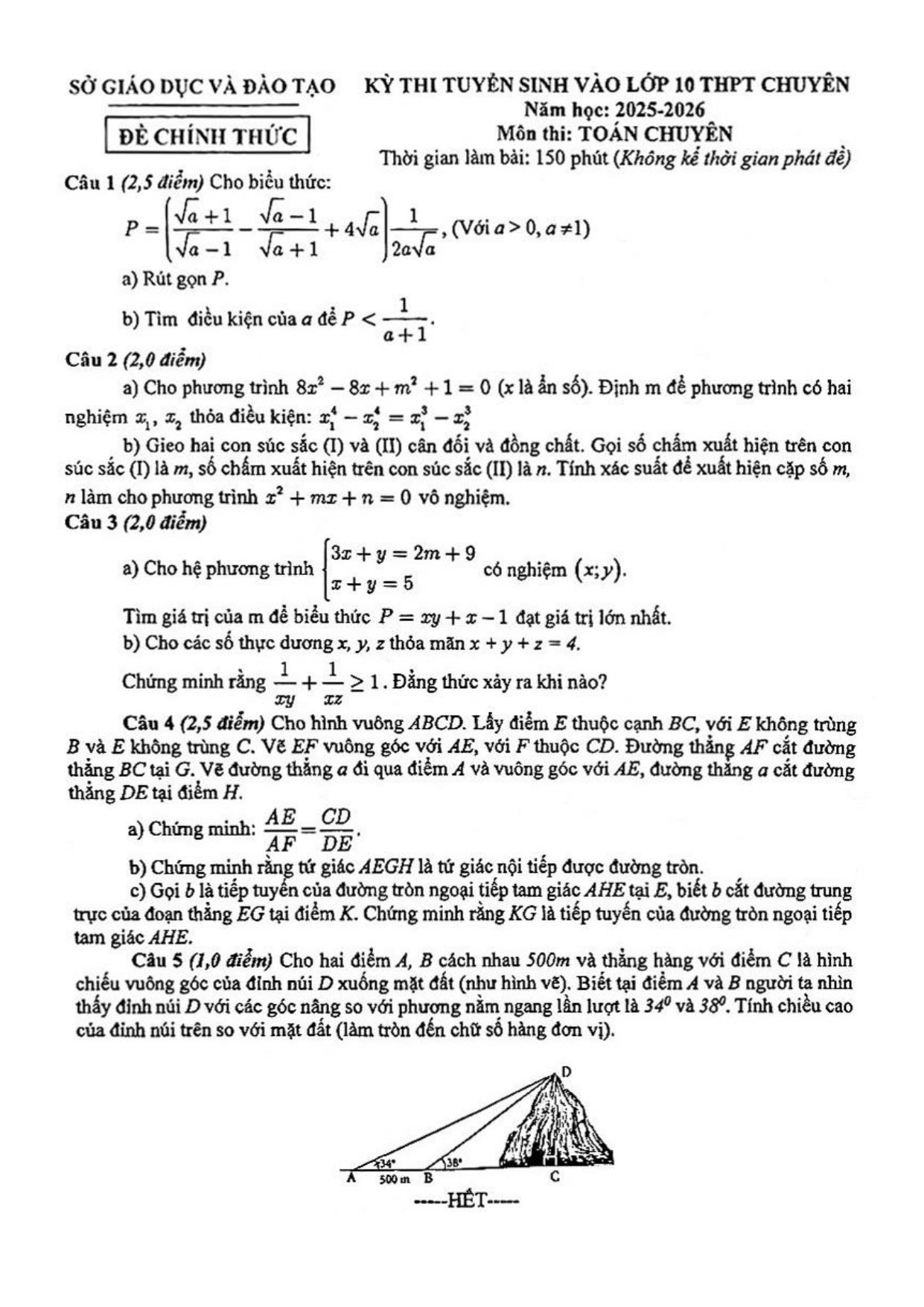 Đề thi tuyển sinh Toán vào lớp 10 (chuyên) năm 2025-2026 sở GD&ĐT Bình Dương