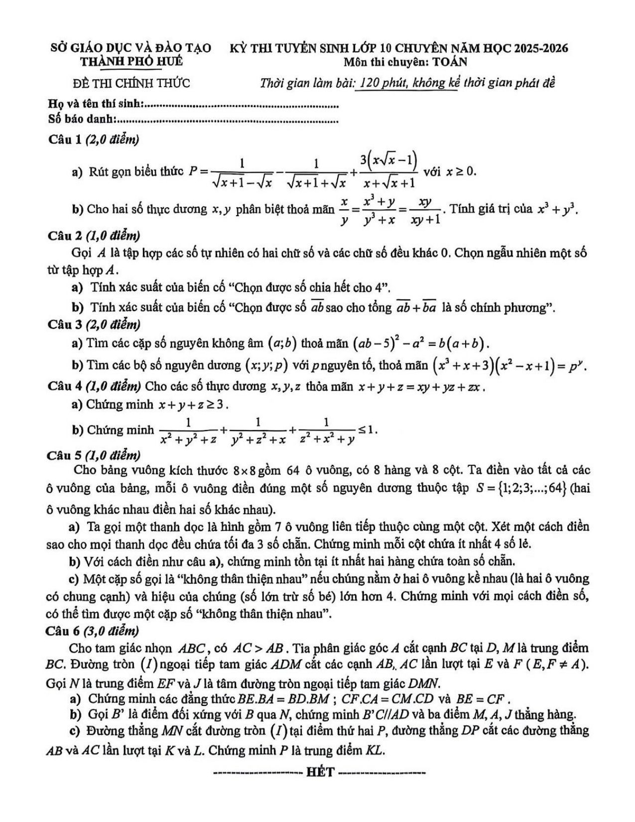 Đề thi tuyển sinh Toán vào lớp 10 chuyên năm 2025-2026 sở GD&ĐT Huế