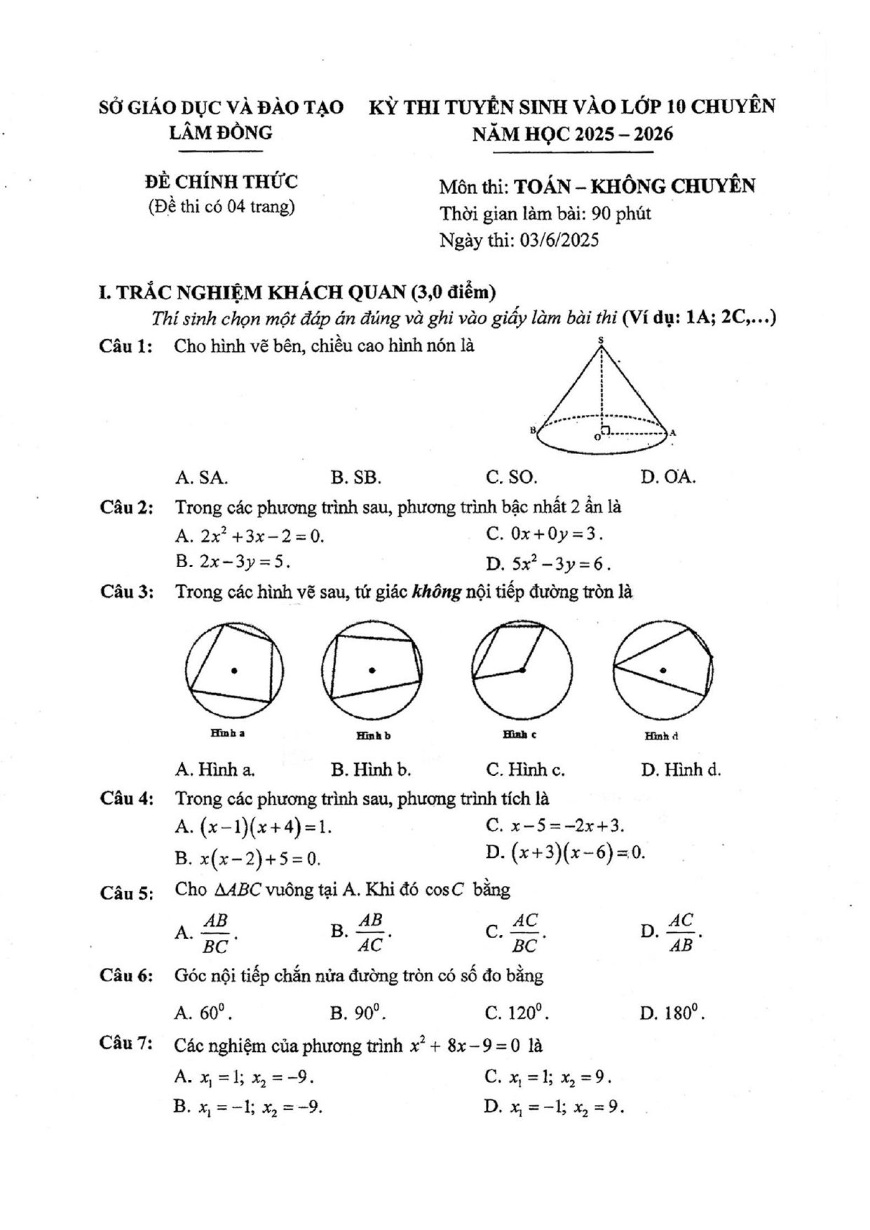 Đề thi tuyển sinh Toán vào lớp 10 chuyên năm 2025-2026 sở GD&ĐT Lâm Đồng