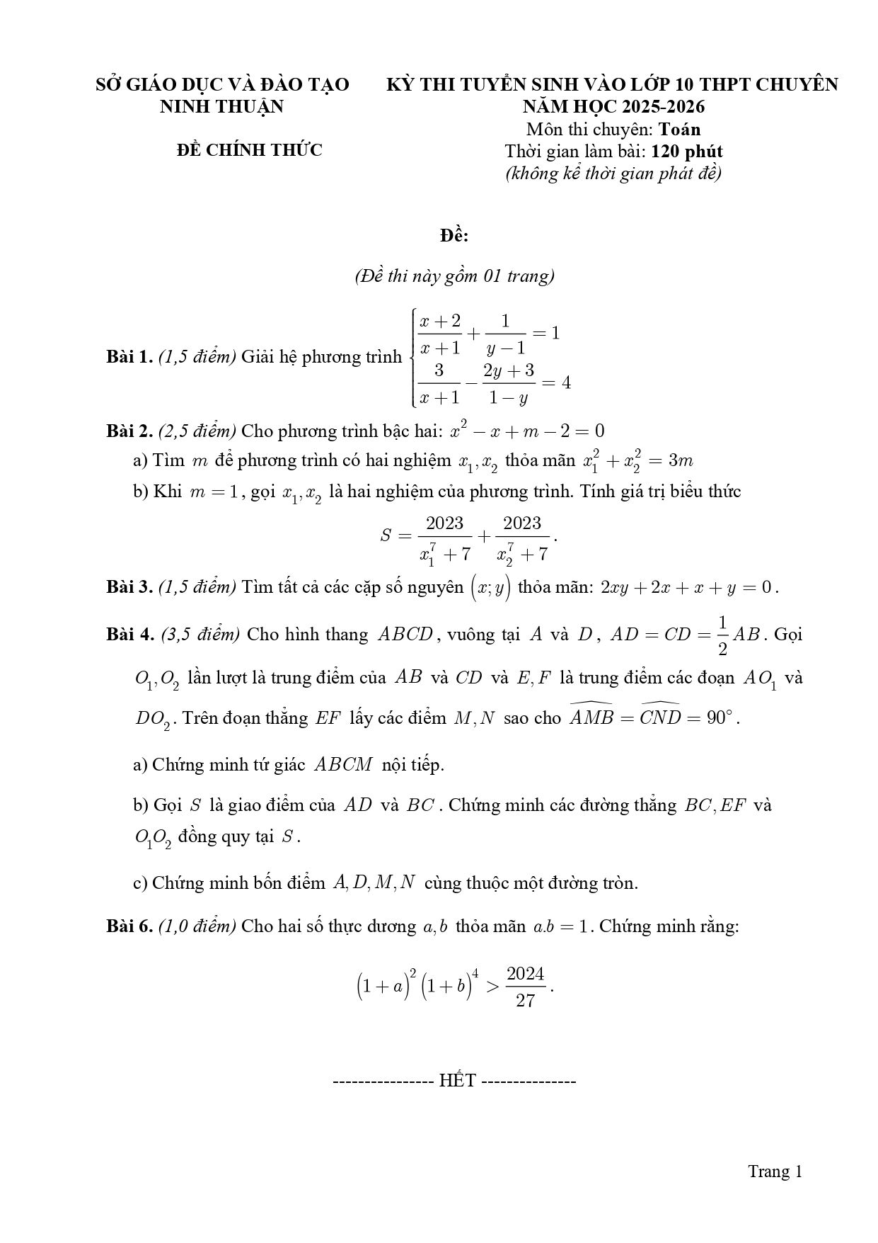 Đề thi tuyển sinh Toán vào lớp 10 chuyên năm 2025-2026 sở GD&ĐT Ninh Thuận