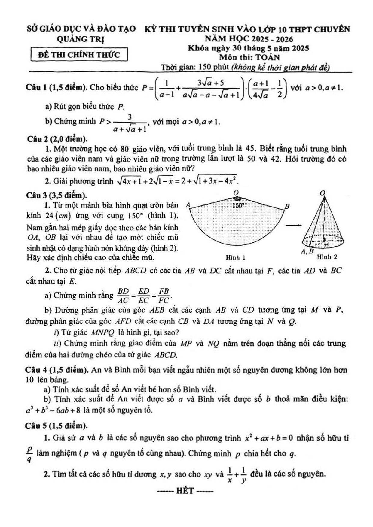 Đề thi tuyển sinh Toán vào lớp 10 chuyên năm 2025-2026 sở GD&ĐT Quảng Trị