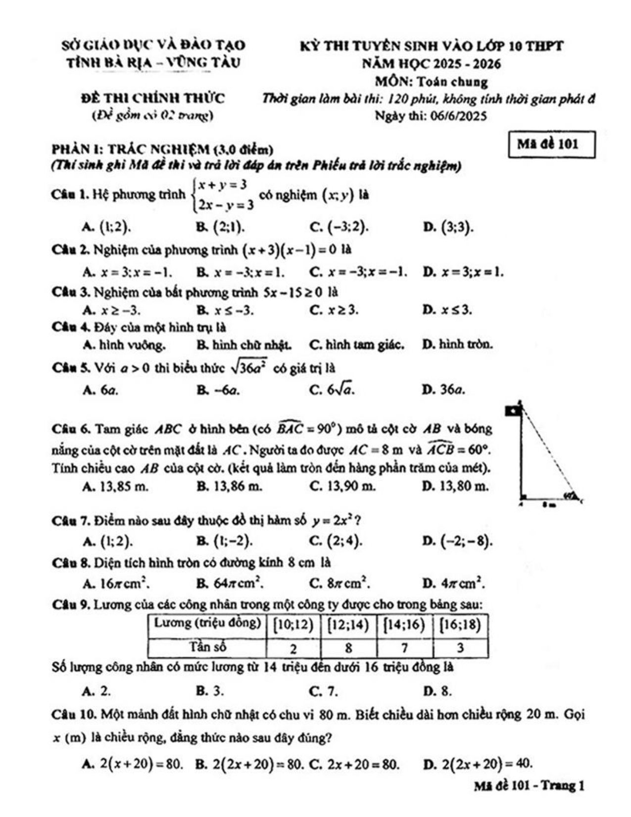 Đề thi tuyển sinh Toán vào lớp 10 (chung) năm 2025-2026 sở GD&ĐT Bà Rịa – Vũng Tàu