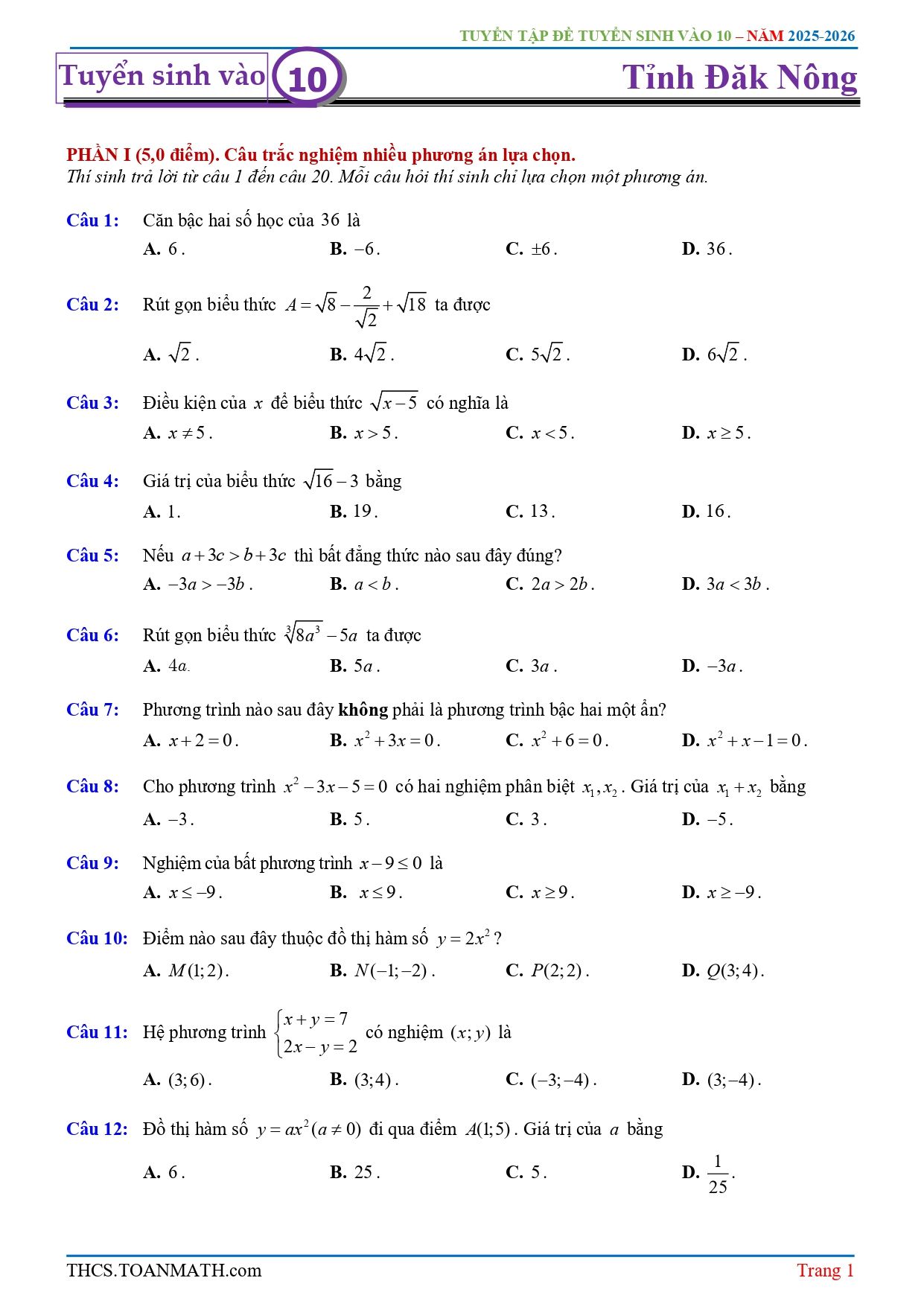 Đề thi tuyển sinh Toán vào lớp 10 (chung) năm 2025-2026 sở GD&ĐT Đắk Nông