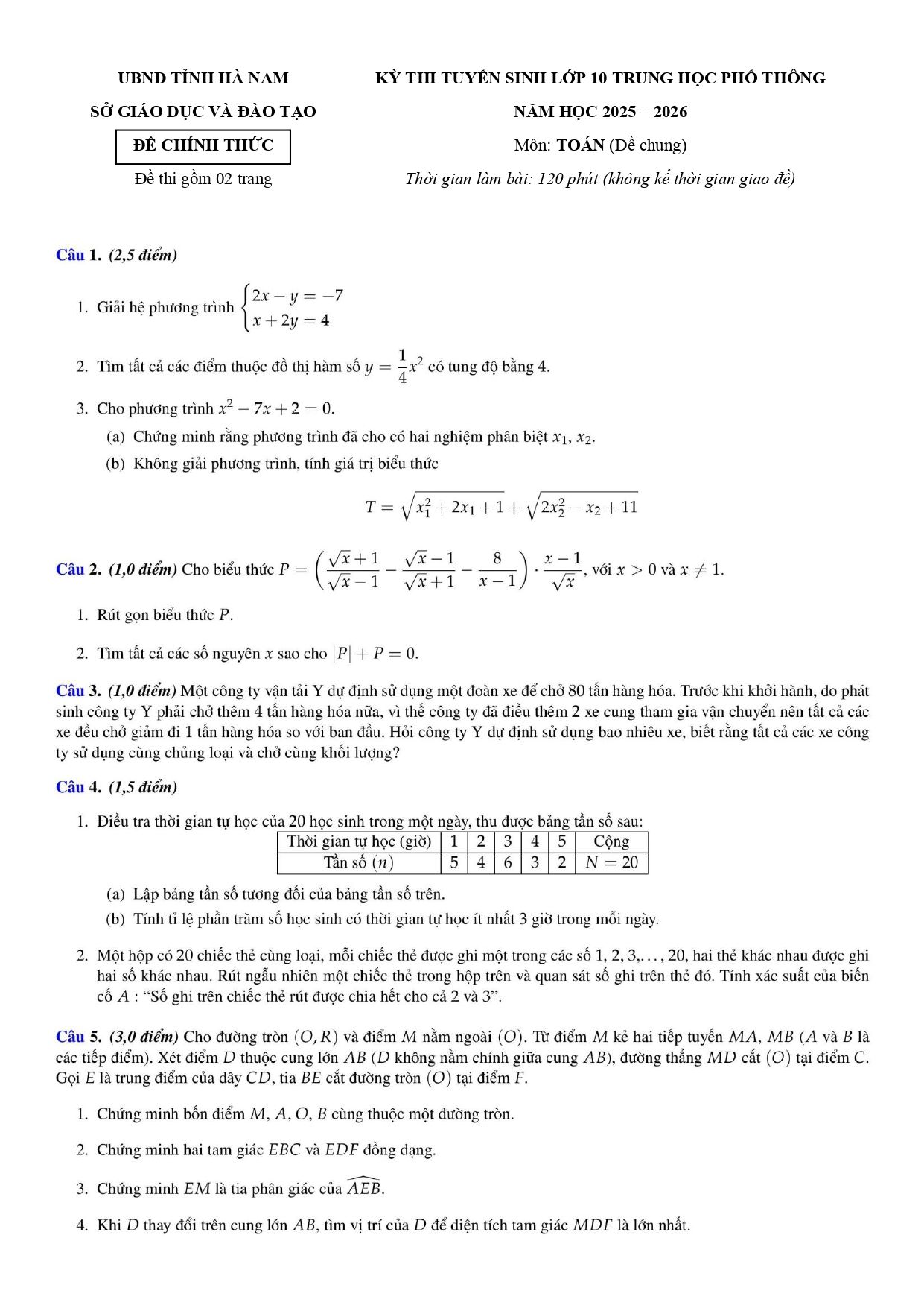 Đề thi tuyển sinh Toán vào lớp 10 (chung) năm 2025-2026 sở GD&ĐT Hà Nam