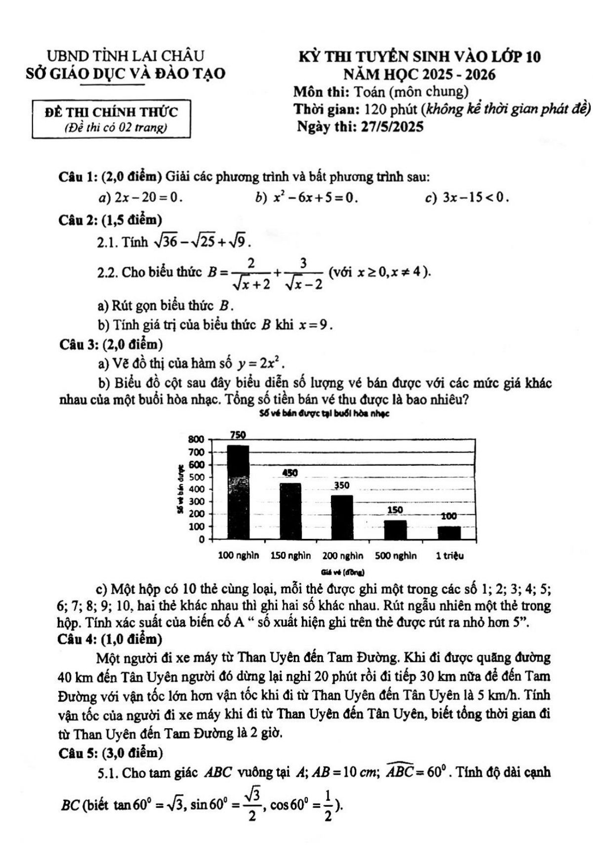 Đề thi tuyển sinh Toán vào lớp 10 (chung) năm 2025-2026 sở GD&ĐT Lai Châu
