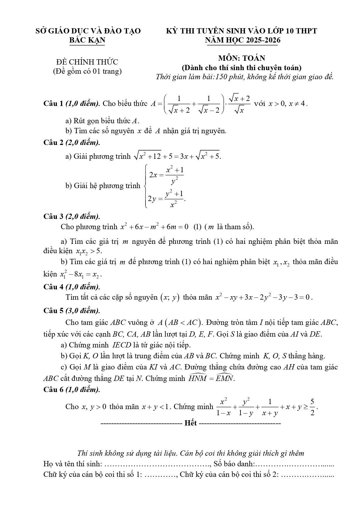 Đề thi tuyển sinh Toán vào lớp 10 (chuyên) năm 2025-2026 sở GD&ĐT Bắc Kạn