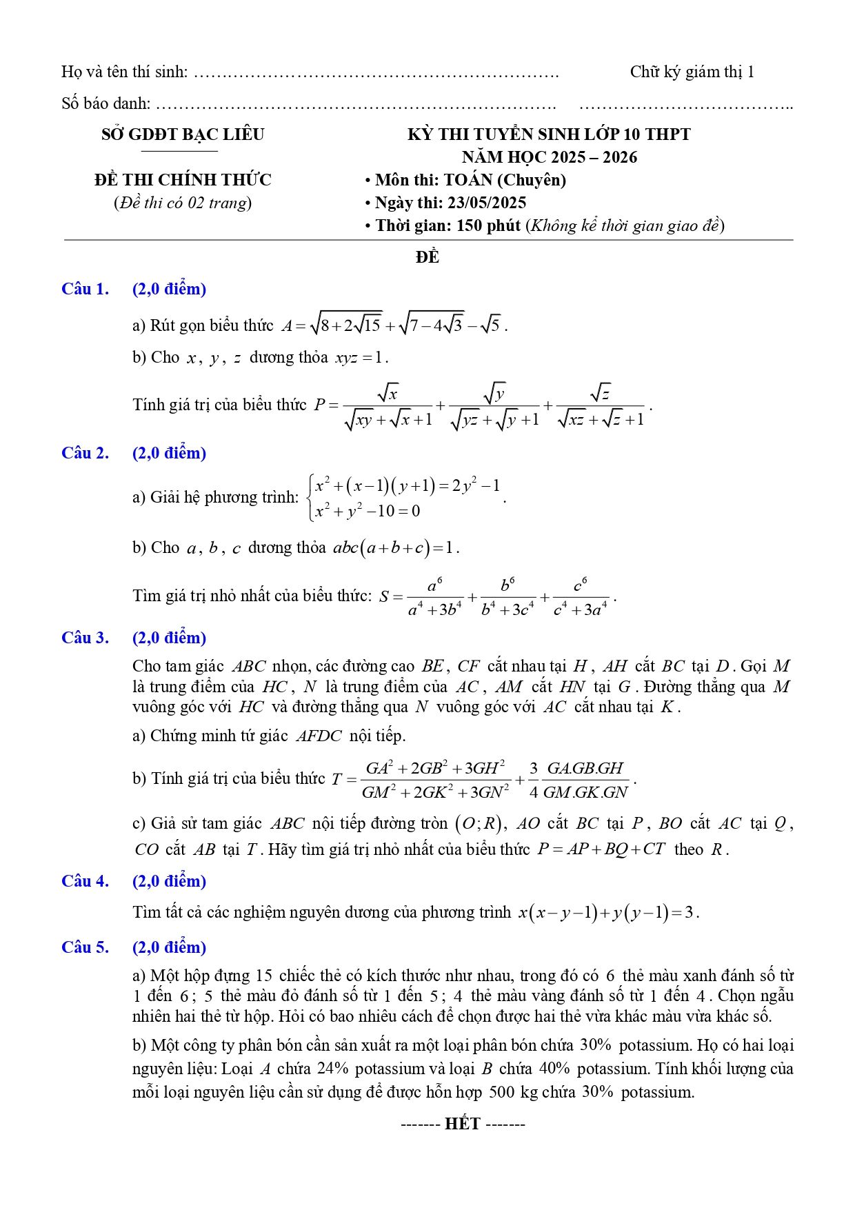 Đề thi tuyển sinh Toán vào lớp 10 (chuyên) năm 2025-2026 sở GD&ĐT Bạc Liêu