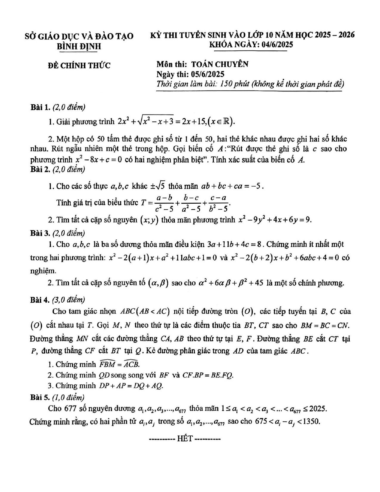Đề thi tuyển sinh Toán vào lớp 10 (chuyên) năm 2025-2026 sở GD&ĐT Bình Định