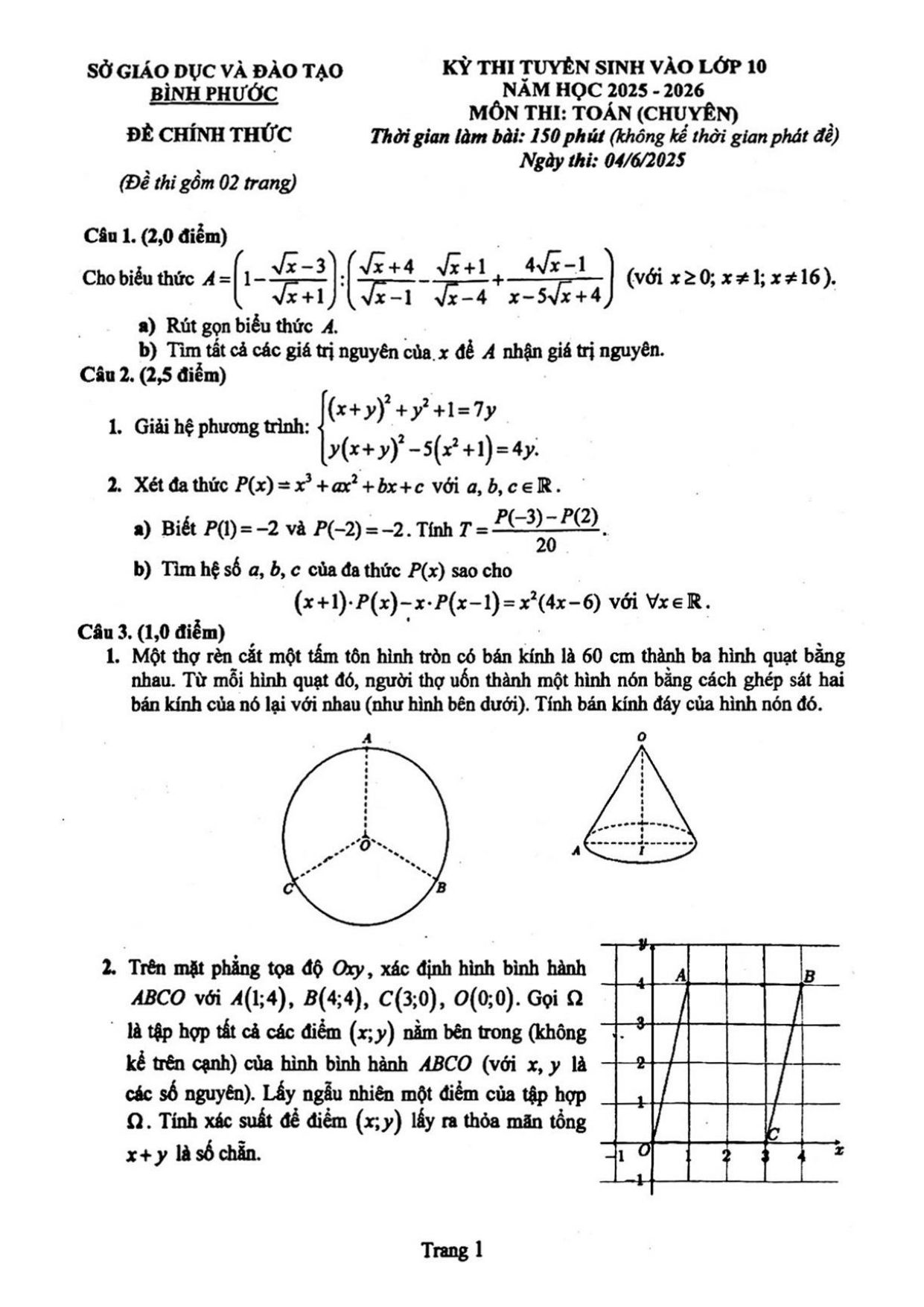 Đề thi tuyển sinh Toán vào lớp 10 (chuyên) năm 2025-2026 sở GD&ĐT Bình Phước