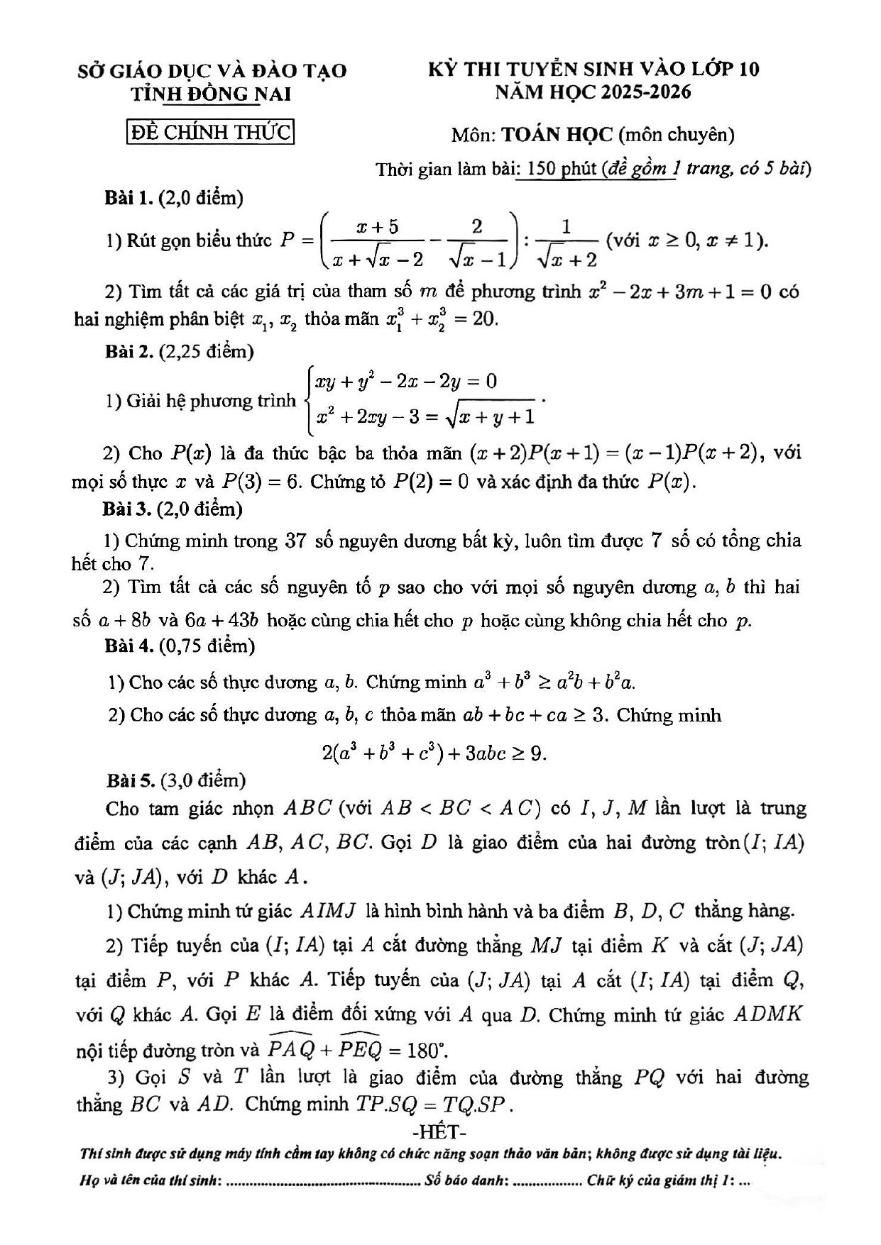 Đề thi tuyển sinh Toán vào lớp 10 (chuyên) năm 2025-2026 sở GD&ĐT Đồng Nai