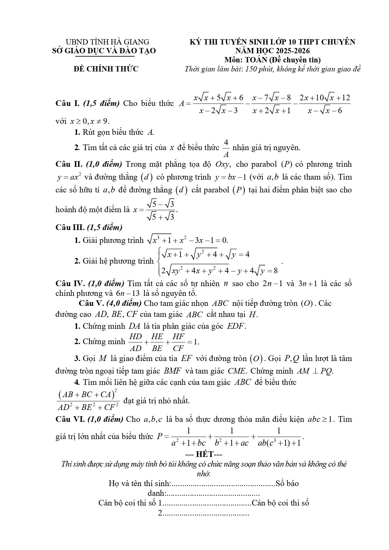 Đề thi tuyển sinh Toán vào lớp 10 (chuyên) năm 2025-2026 sở GD&ĐT Hà Giang