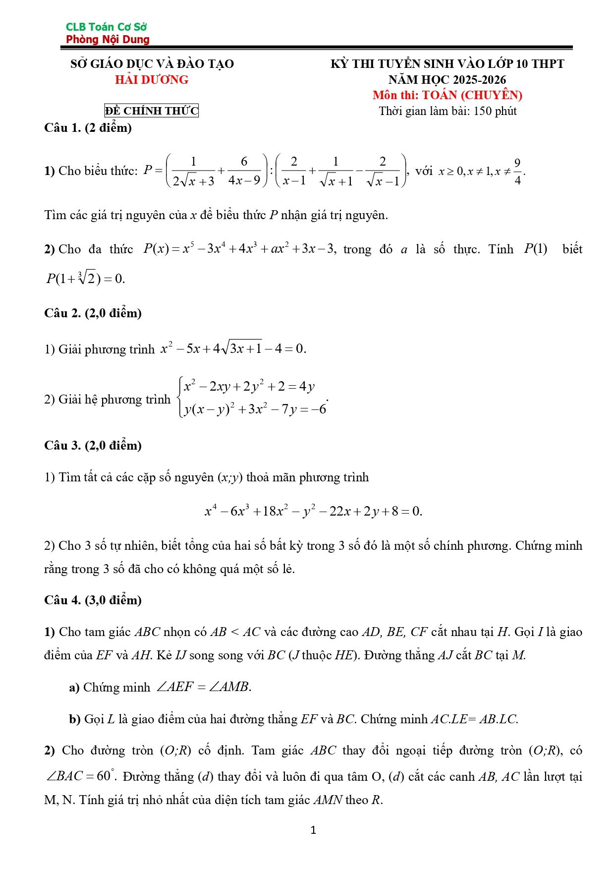 Đề thi tuyển sinh Toán vào lớp 10 (chuyên) năm 2025-2026 sở GD&ĐT Hải Dương