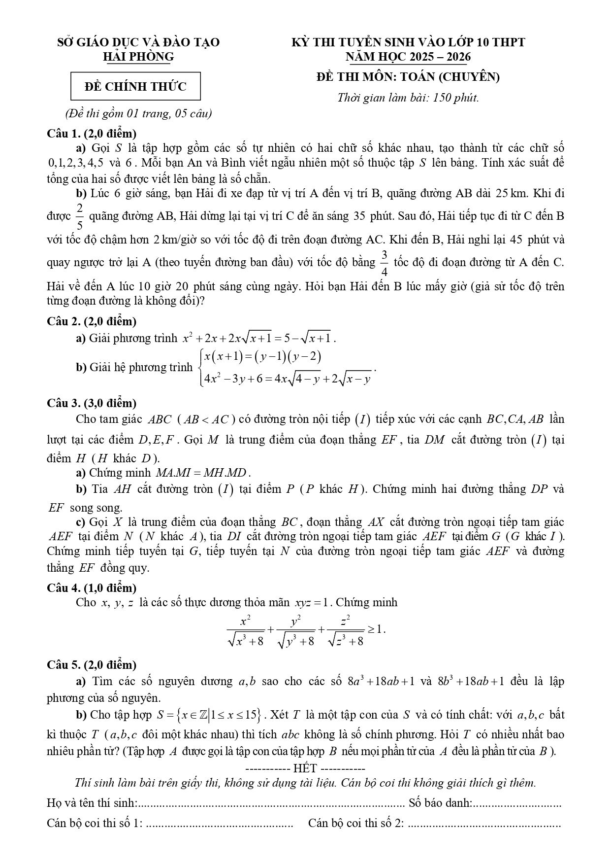 Đề thi tuyển sinh Toán vào lớp 10 (chuyên) năm 2025-2026 sở GD&ĐT Hải Phòng
