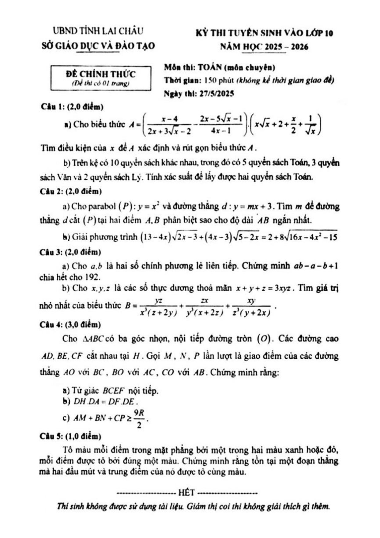 Đề thi tuyển sinh Toán vào lớp 10 (chuyên) năm 2025-2026 sở GD&ĐT Lai Châu