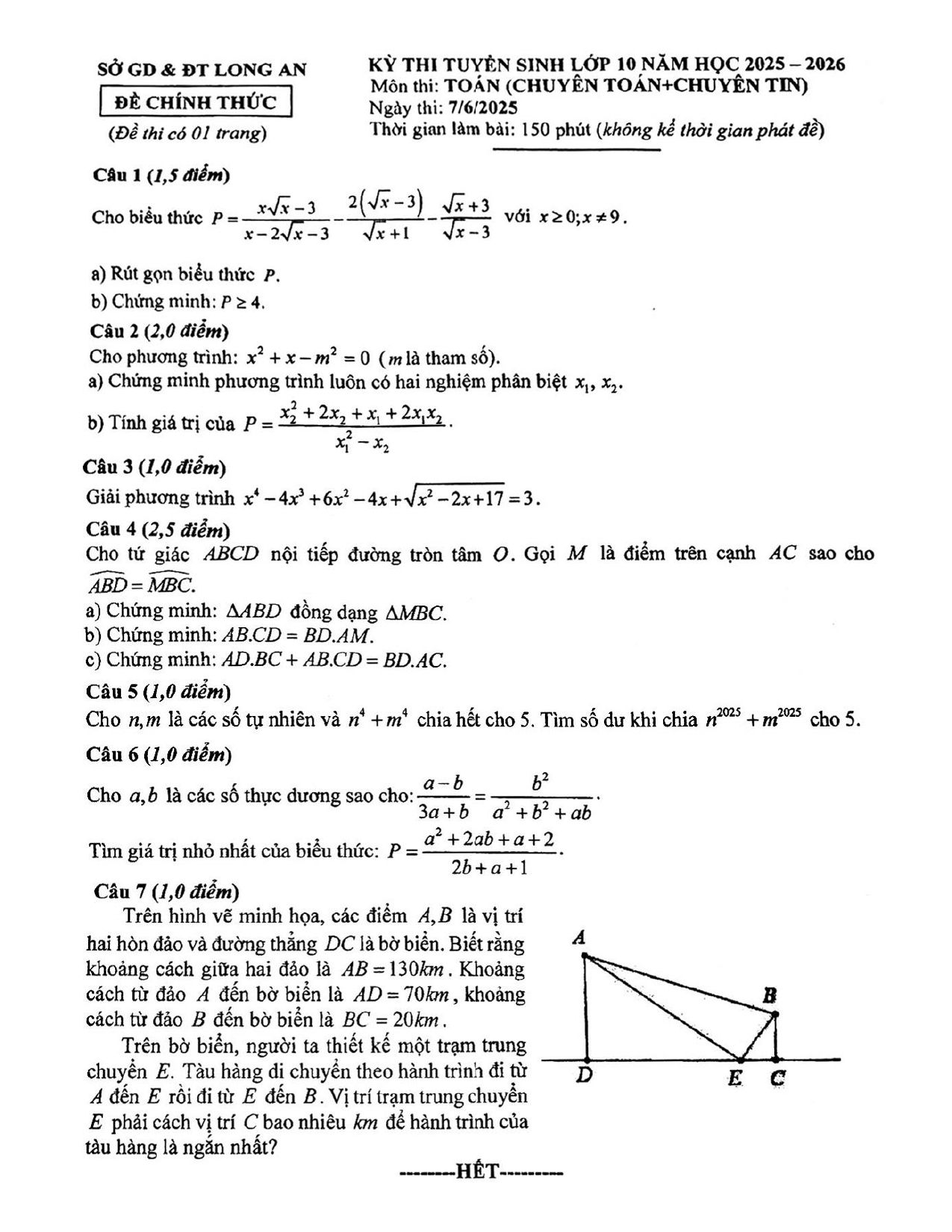 Đề thi tuyển sinh Toán vào lớp 10 (chuyên) năm 2025-2026 sở GD&ĐT Long An
