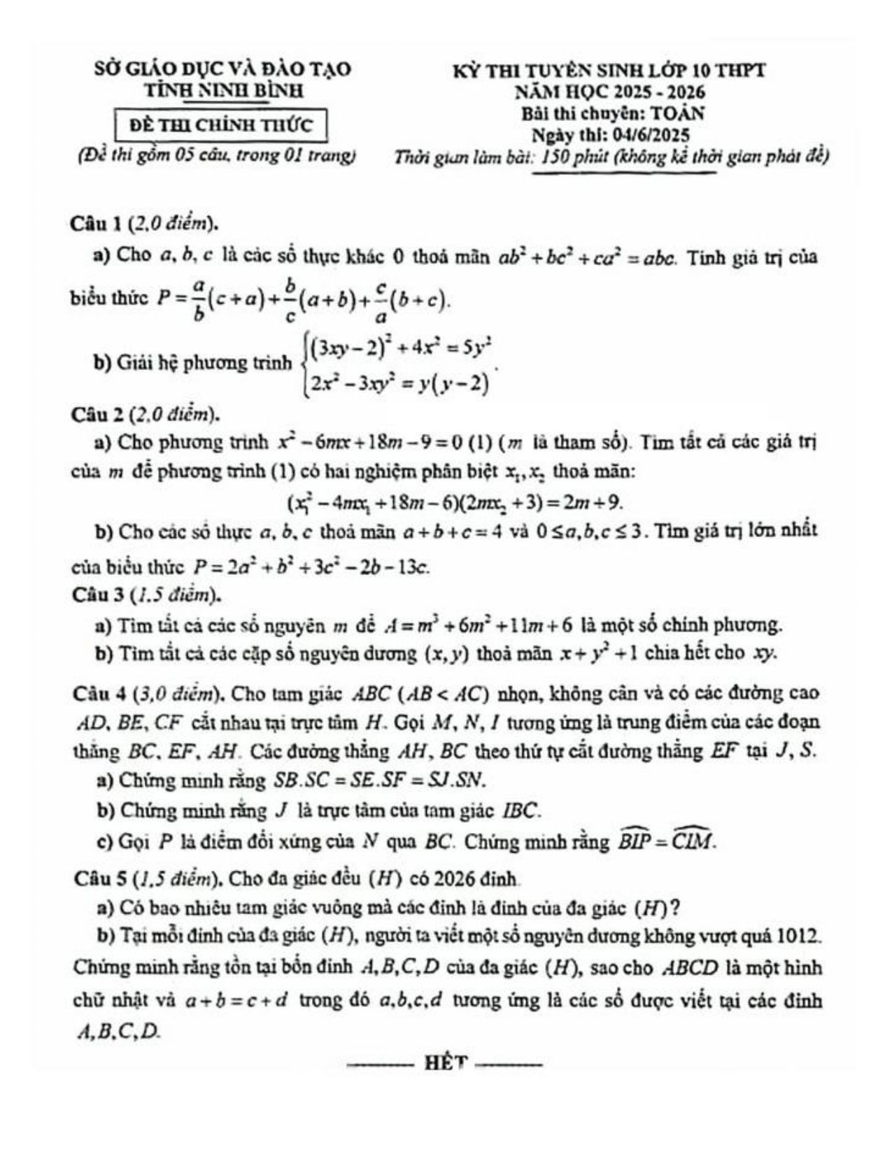 Đề thi tuyển sinh Toán vào lớp 10 (chuyên) năm 2025-2026 sở GD&ĐT Ninh Bình