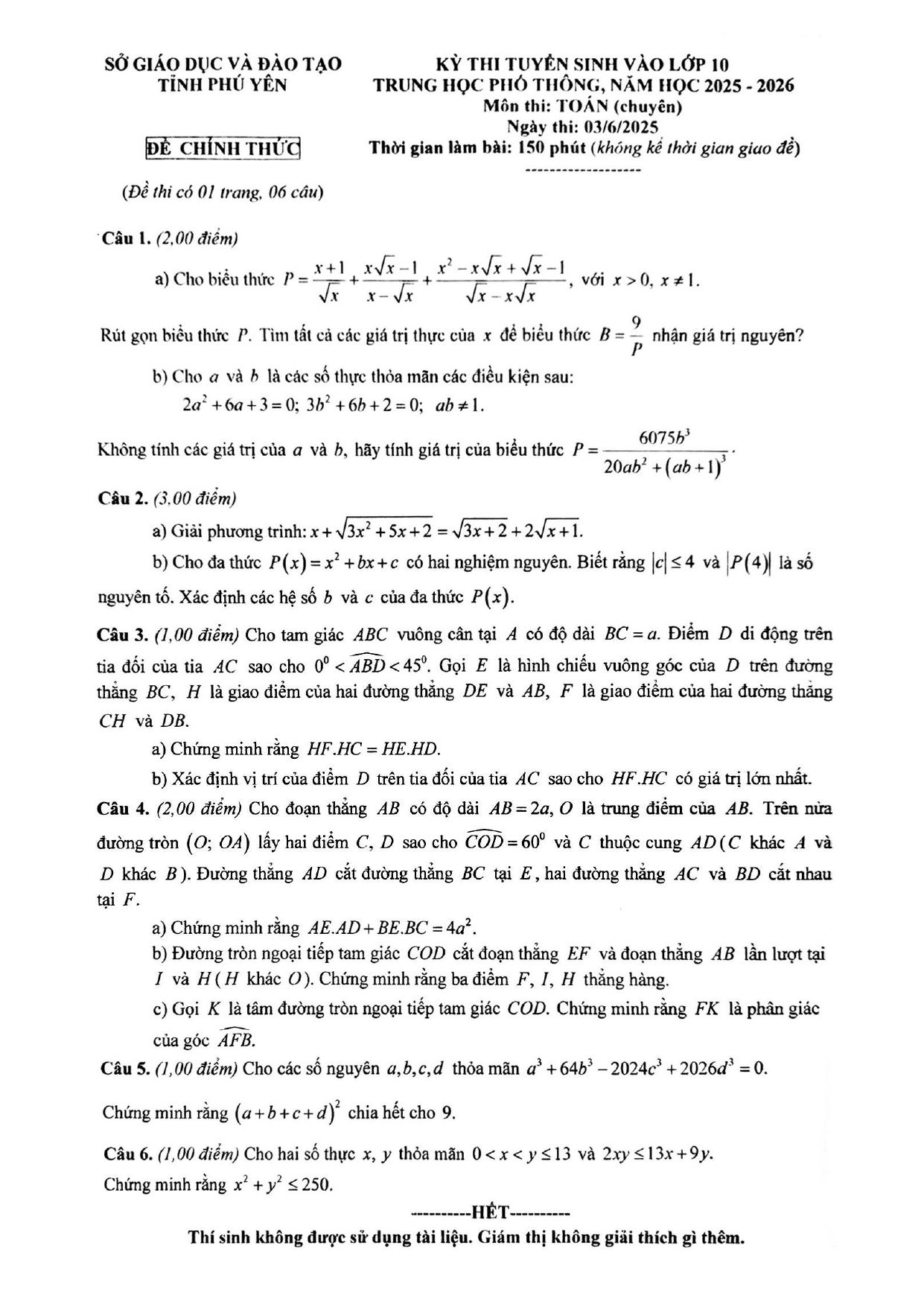 Đề thi tuyển sinh Toán vào lớp 10 (chuyên) năm 2025-2026 sở GD&ĐT Phú Yên
