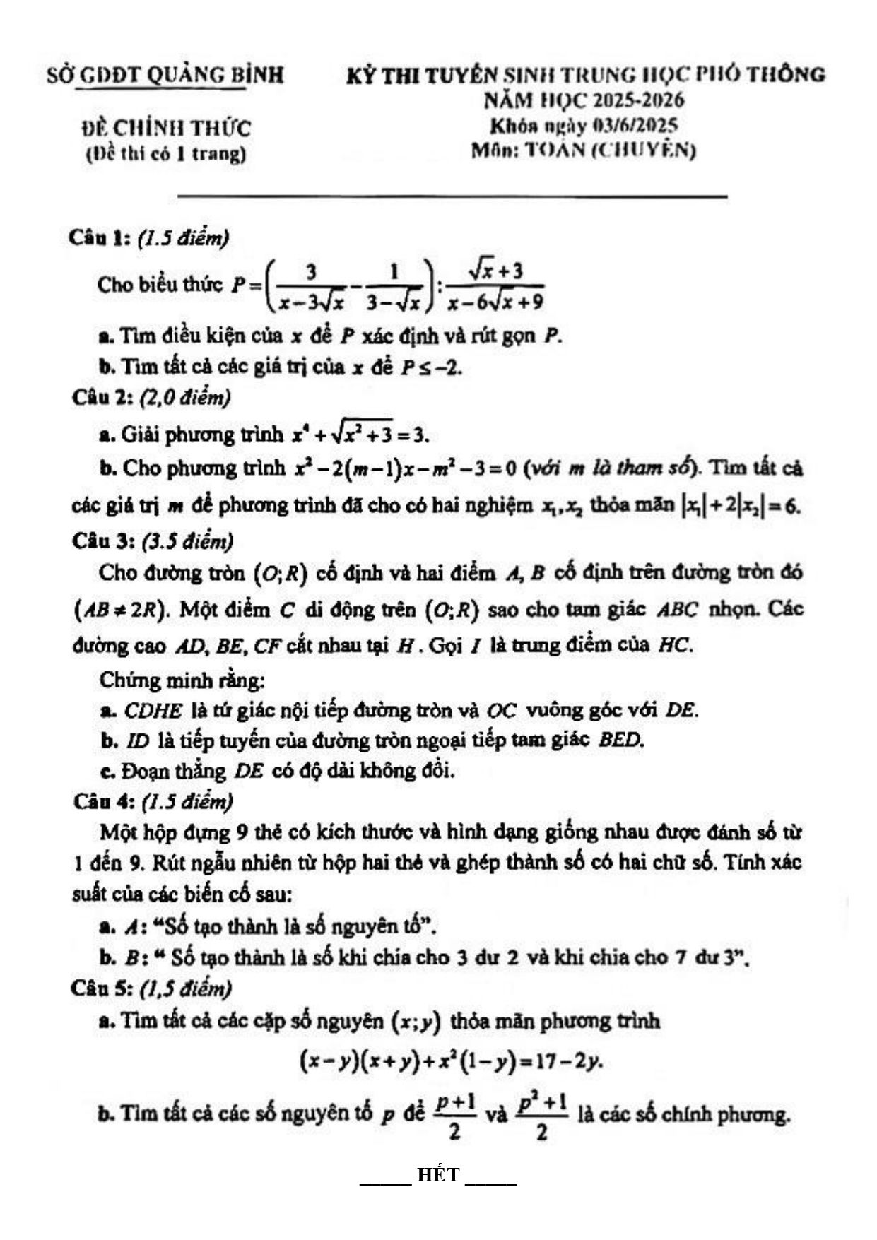 Đề thi tuyển sinh Toán vào lớp 10 (chuyên) năm 2025-2026 sở GD&ĐT Quảng Bình