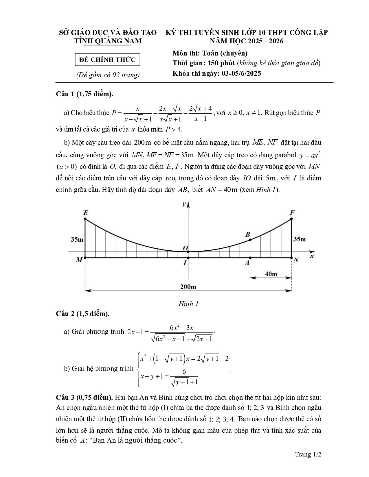 Đề thi tuyển sinh Toán vào lớp 10 (chuyên) năm 2025-2026 sở GD&ĐT Quảng Nam
