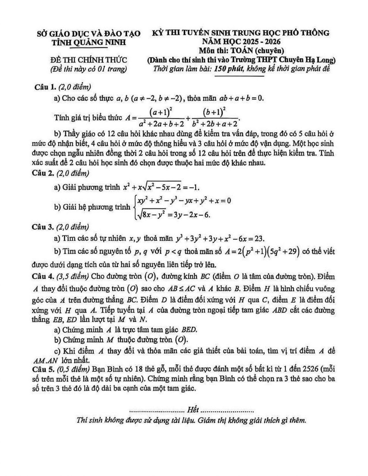 Đề thi tuyển sinh Toán vào lớp 10 (chuyên) năm 2025-2026 sở GD&ĐT Quảng Ninh