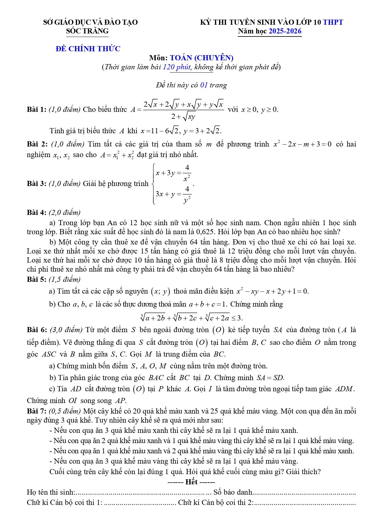 Đề thi tuyển sinh Toán vào lớp 10 (chuyên) năm 2025-2026 sở GD&ĐT Sóc Trăng