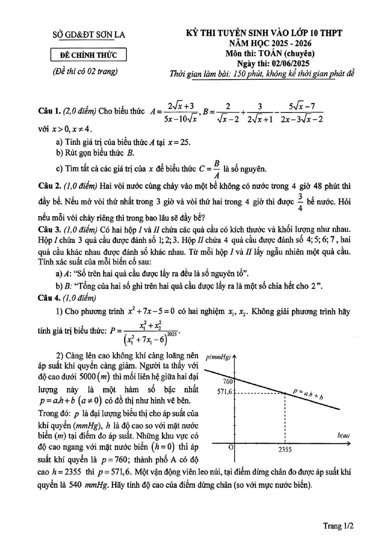 Đề thi tuyển sinh Toán vào lớp 10 (chuyên) năm 2025-2026 sở GD&ĐT Sơn La