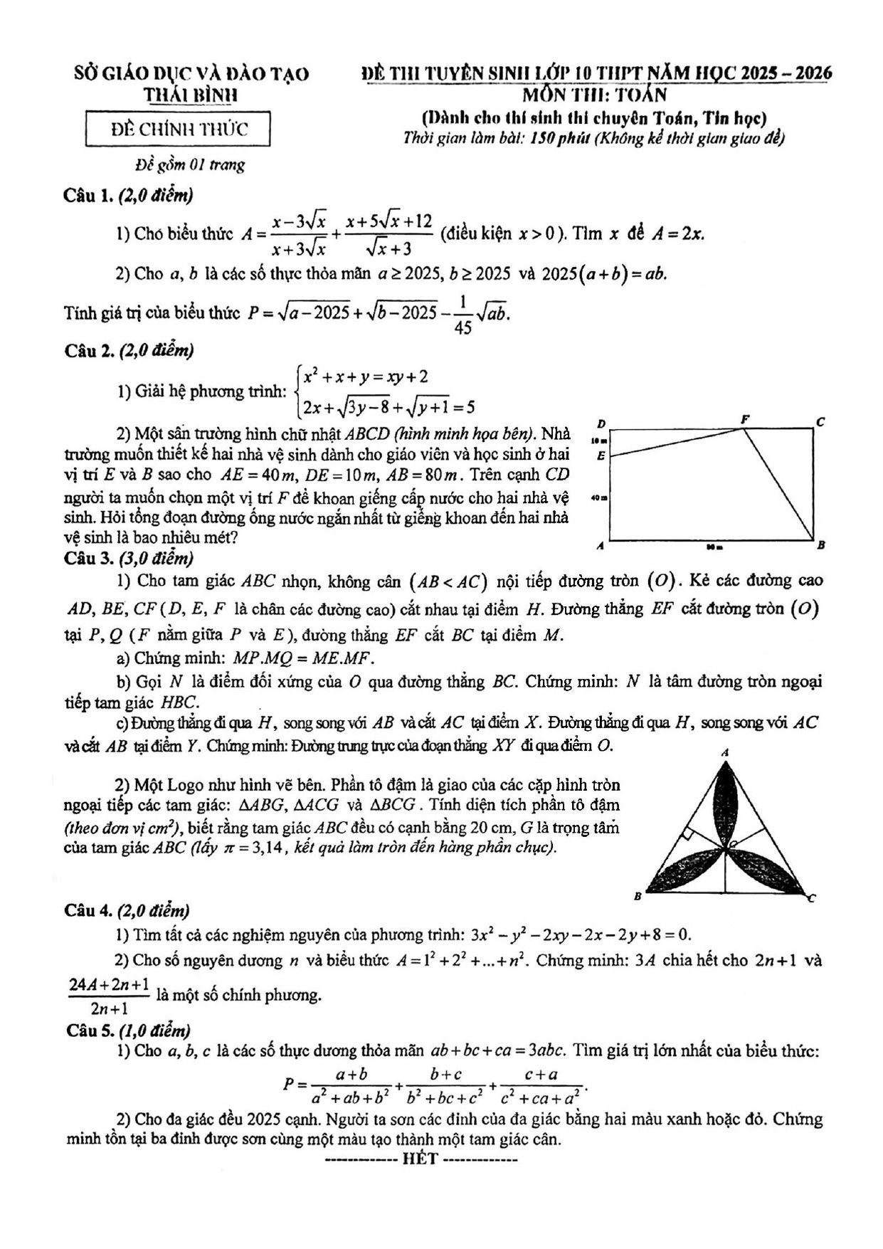 Đề thi tuyển sinh Toán vào lớp 10 (chuyên) năm 2025-2026 sở GD&ĐT Thái Bình