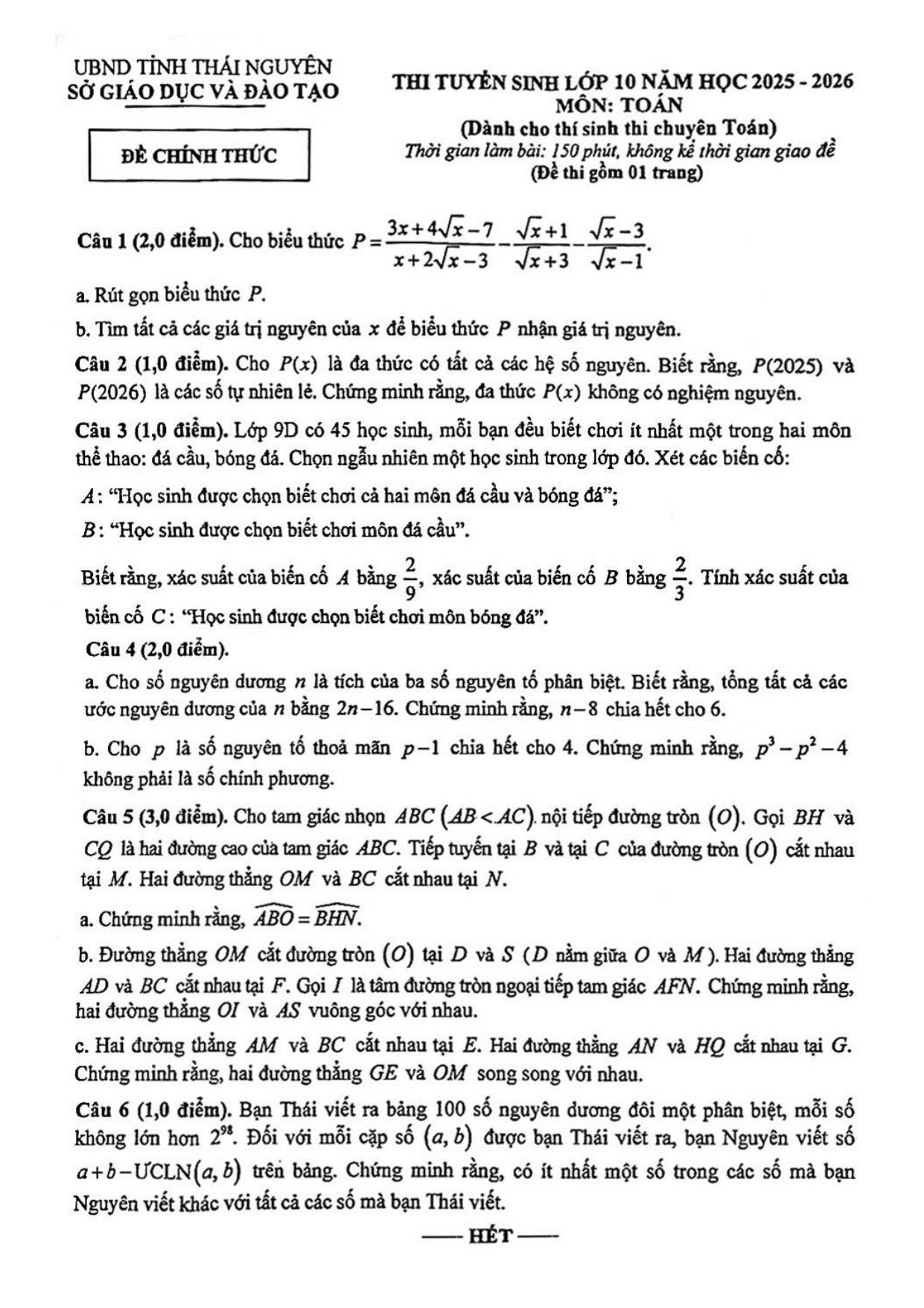 Đề thi tuyển sinh Toán vào lớp 10 (chuyên) năm 2025-2026 sở GD&ĐT Thái Nguyên