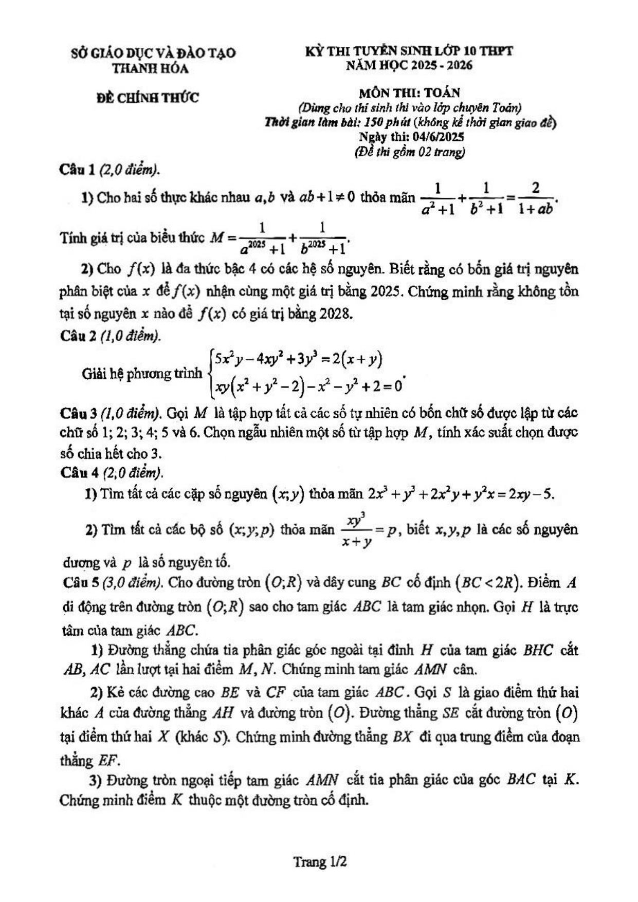 Đề thi tuyển sinh Toán vào lớp 10 (chuyên) năm 2025-2026 sở GD&ĐT Thanh Hóa