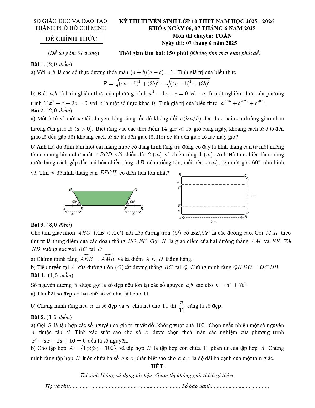 Đề thi tuyển sinh Toán vào lớp 10 (chuyên) năm 2025-2026 sở GD&ĐT TP Hồ Chí Minh