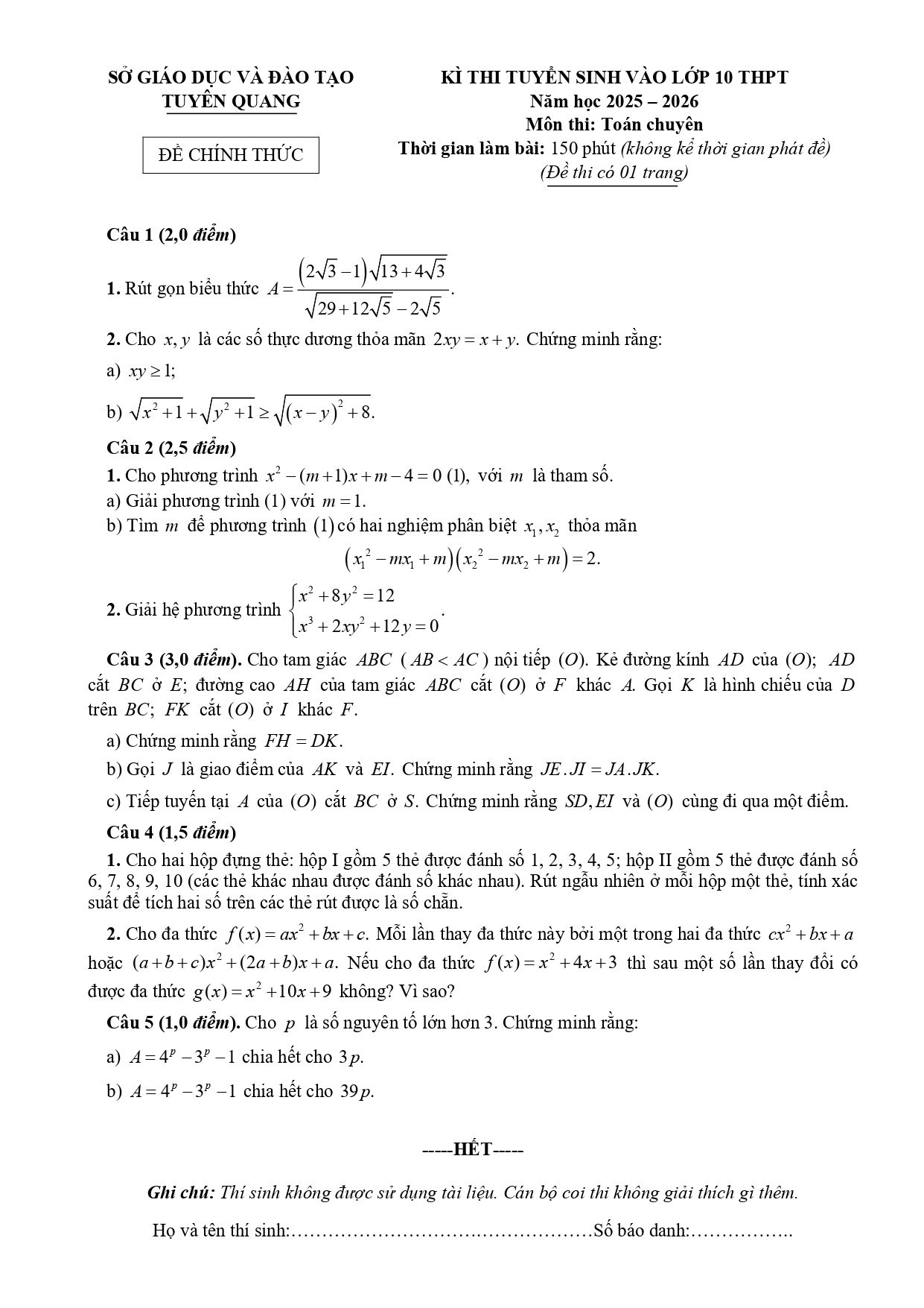 Đề thi tuyển sinh Toán vào lớp 10 (chuyên) năm 2025-2026 sở GD&ĐT Tuyên Quang