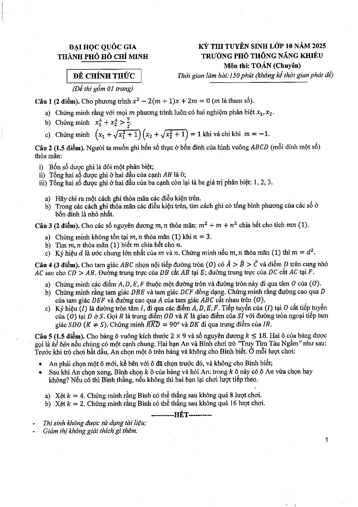 Đề thi tuyển sinh Toán vào lớp 10 (chuyên) năm 2025-2026 trường PTNK - TP Hồ Chí Minh
