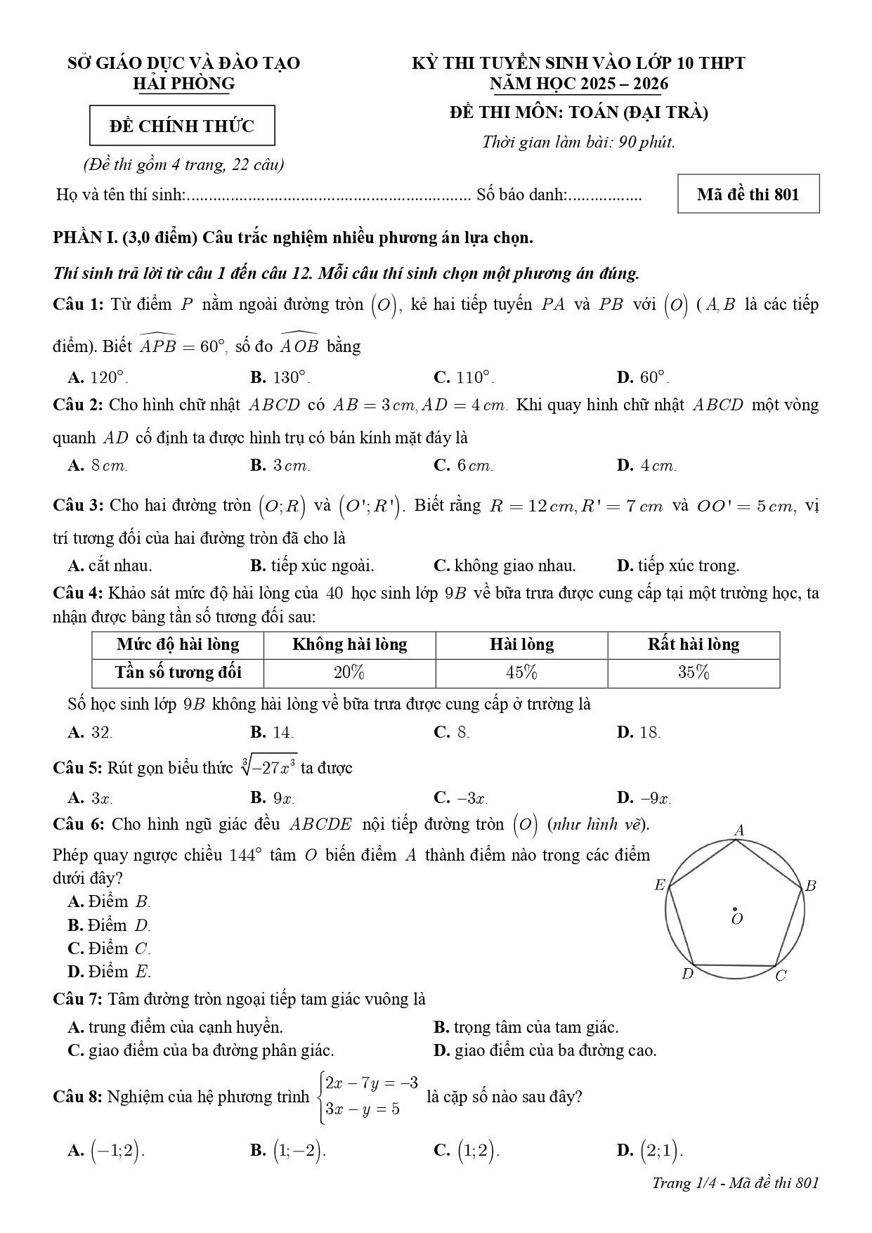 Đề thi tuyển sinh Toán vào lớp 10 (đại trà) năm 2025-2026 sở GD&ĐT Hải Phòng