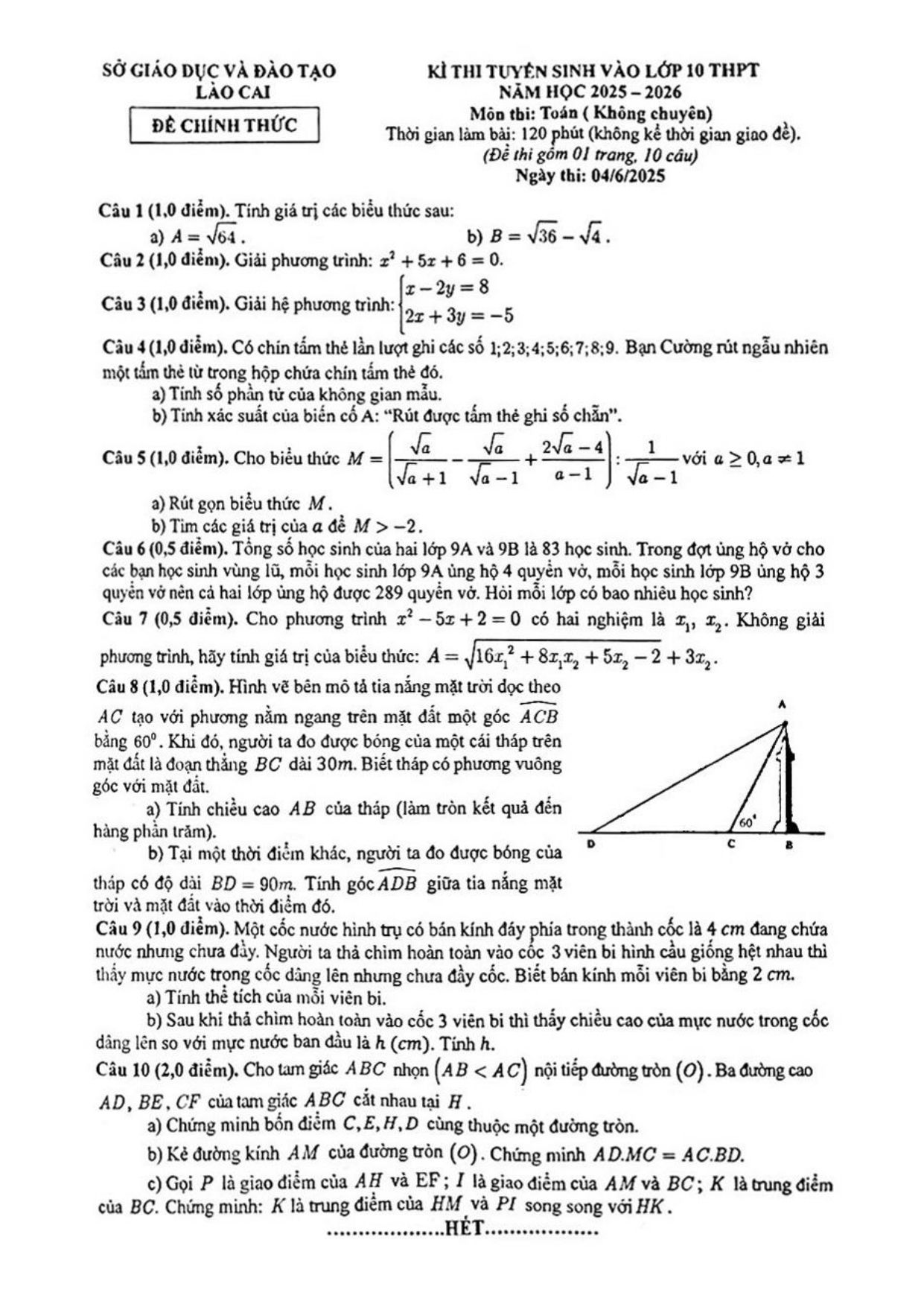 Đề thi tuyển sinh Toán vào lớp 10 (không chuyên) năm 2025-2026 sở GD&ĐT Lào Cai