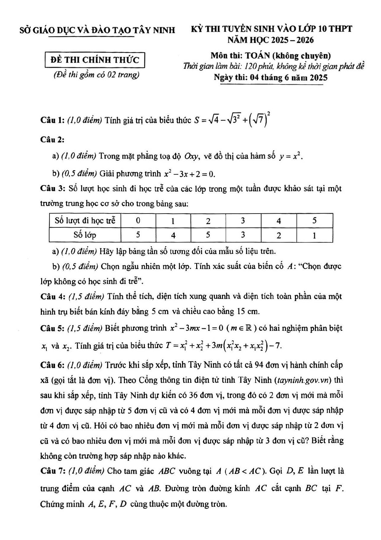 Đề thi tuyển sinh Toán vào lớp 10 (không chuyên) năm 2025-2026 sở GD&ĐT Tây Ninh