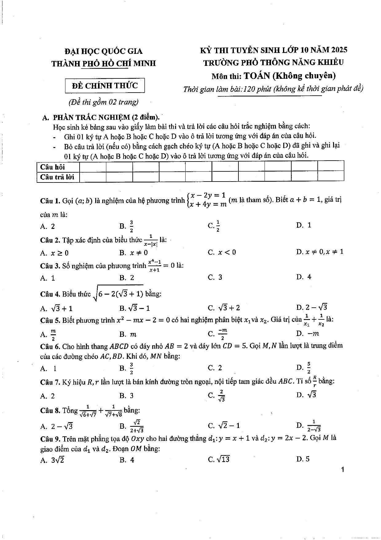 Đề thi tuyển sinh Toán vào lớp 10 (không chuyên) năm 2025-2026 trường PTNK - TP Hồ Chí Minh