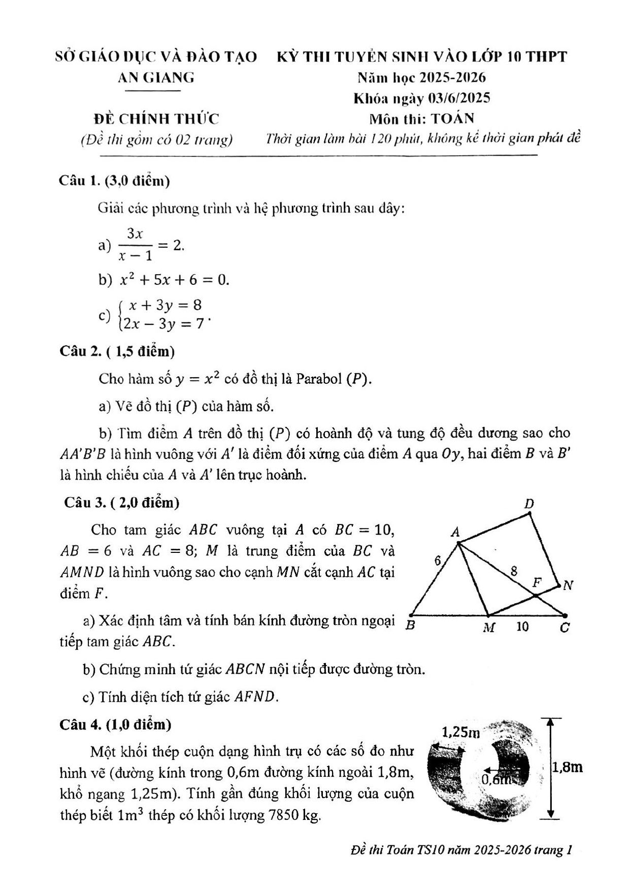 Đề thi tuyển sinh Toán vào lớp 10 năm 2025-2026 sở GD&ĐT An Giang
