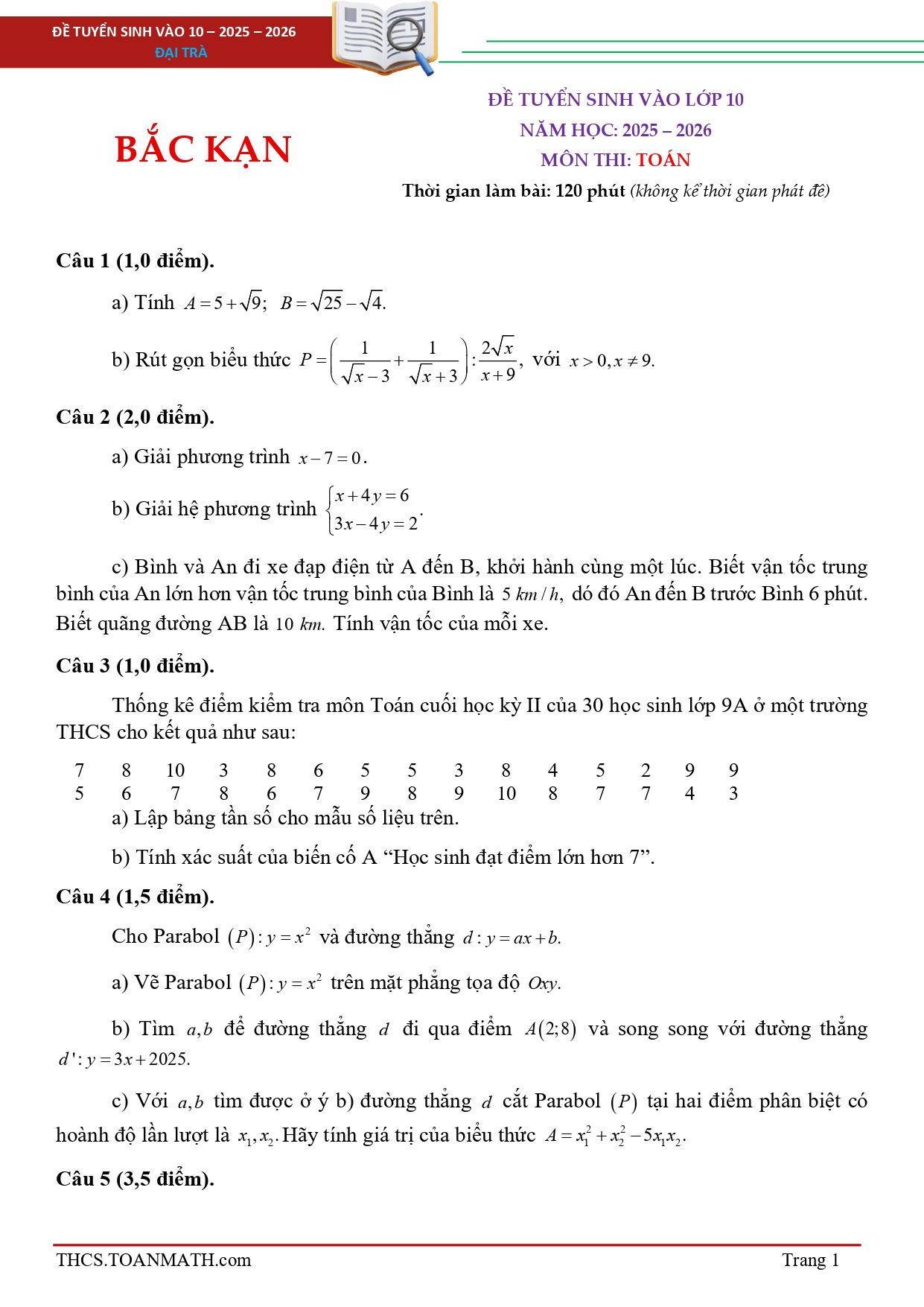 Đề thi tuyển sinh Toán vào lớp 10 năm 2025-2026 sở GD&ĐT Bắc Kạn