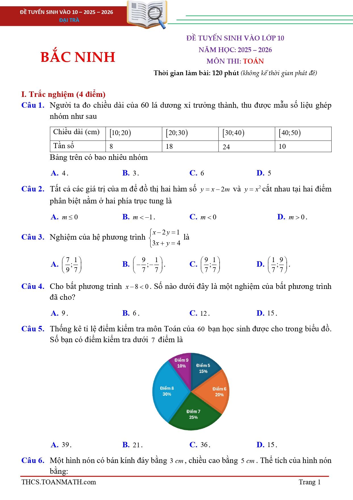 Đề thi tuyển sinh Toán vào lớp 10 năm 2025-2026 sở GD&ĐT Bắc Ninh