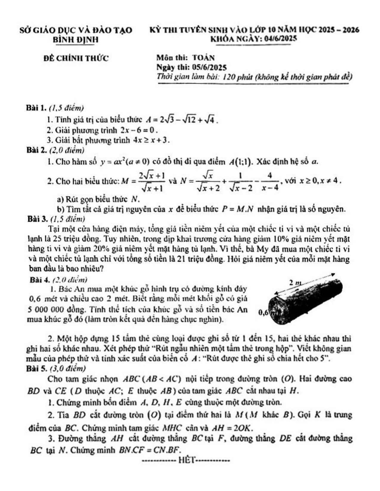 Đề thi tuyển sinh Toán vào lớp 10 năm 2025-2026 sở GD&ĐT Bình Định