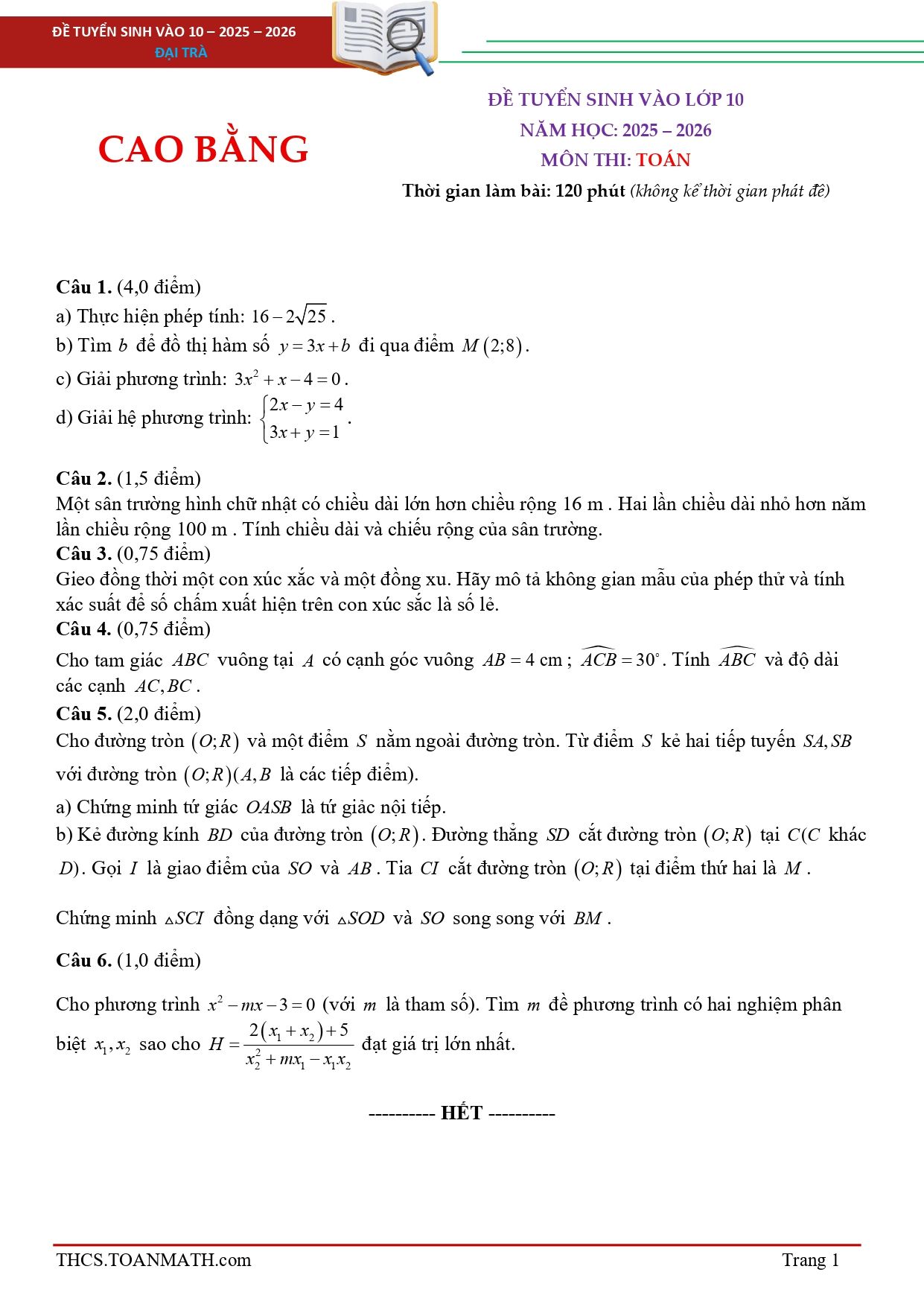 Đề thi tuyển sinh Toán vào lớp 10 năm 2025-2026 sở GD&ĐT Cao Bằng