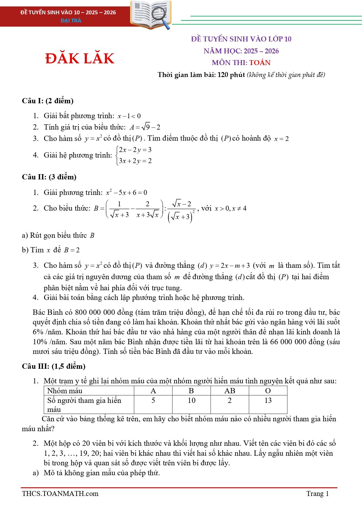 Đề thi tuyển sinh Toán vào lớp 10 năm 2025-2026 sở GD&ĐT Đắk Lắk