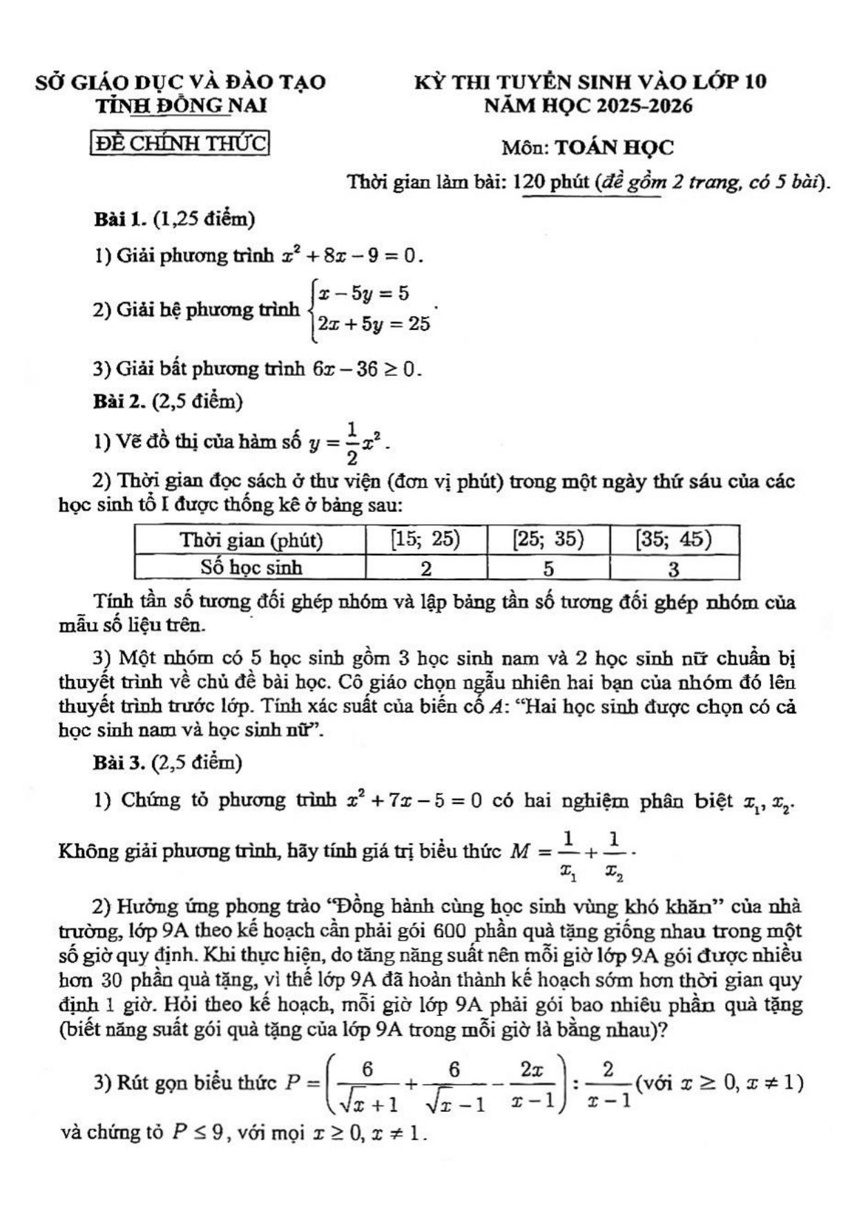 Đề thi tuyển sinh Toán vào lớp 10 năm 2025-2026 sở GD&ĐT Đồng Nai