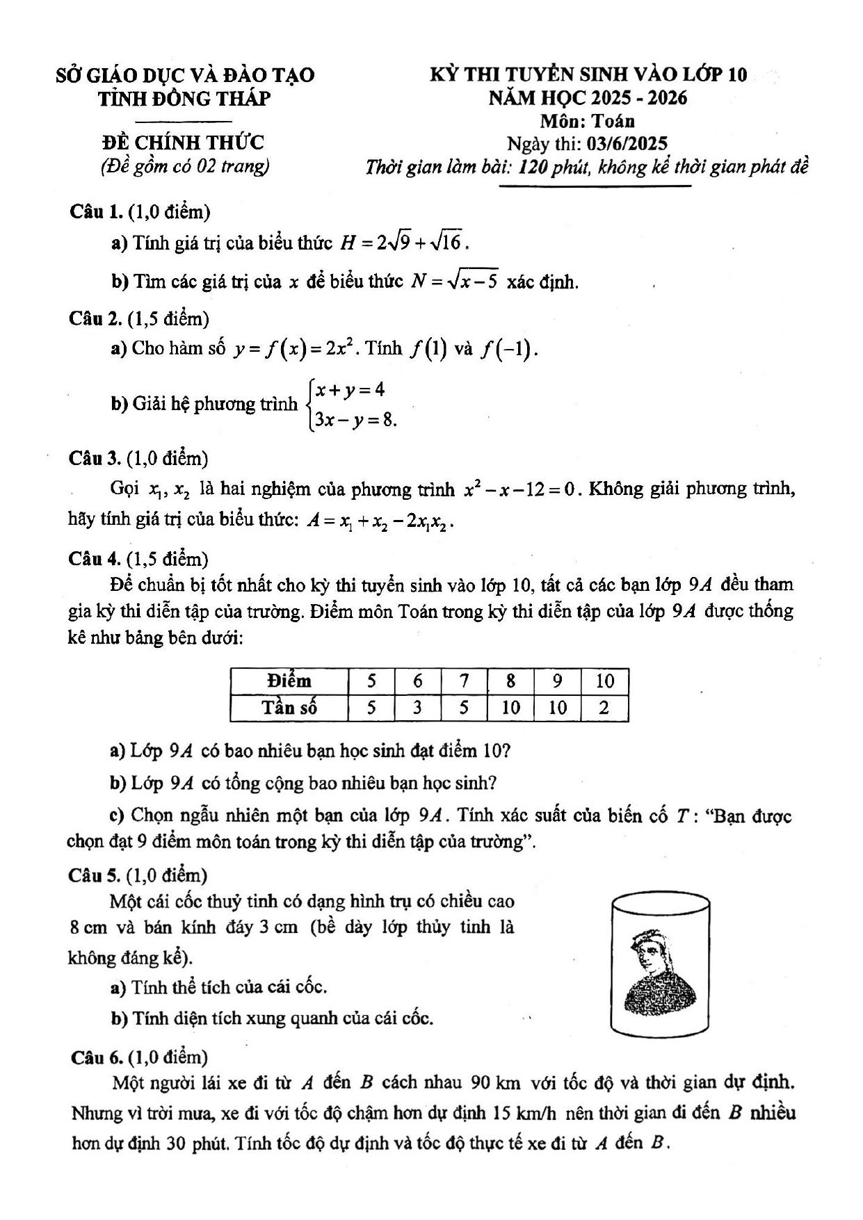 Đề thi tuyển sinh Toán vào lớp 10 năm 2025-2026 sở GD&ĐT Đồng Tháp