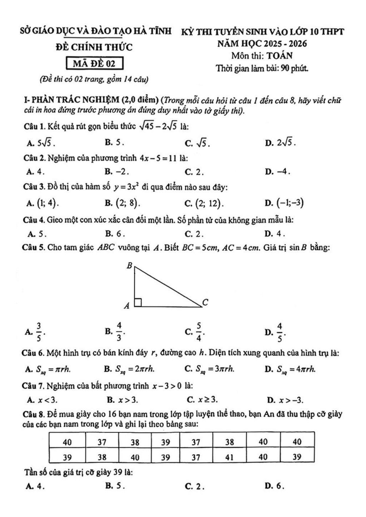 Đề thi tuyển sinh Toán vào lớp 10 năm 2025-2026 sở GD&ĐT Hà Tĩnh