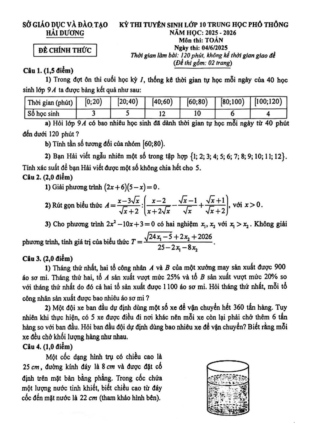 Đề thi tuyển sinh Toán vào lớp 10 năm 2025-2026 sở GD&ĐT Hải Dương